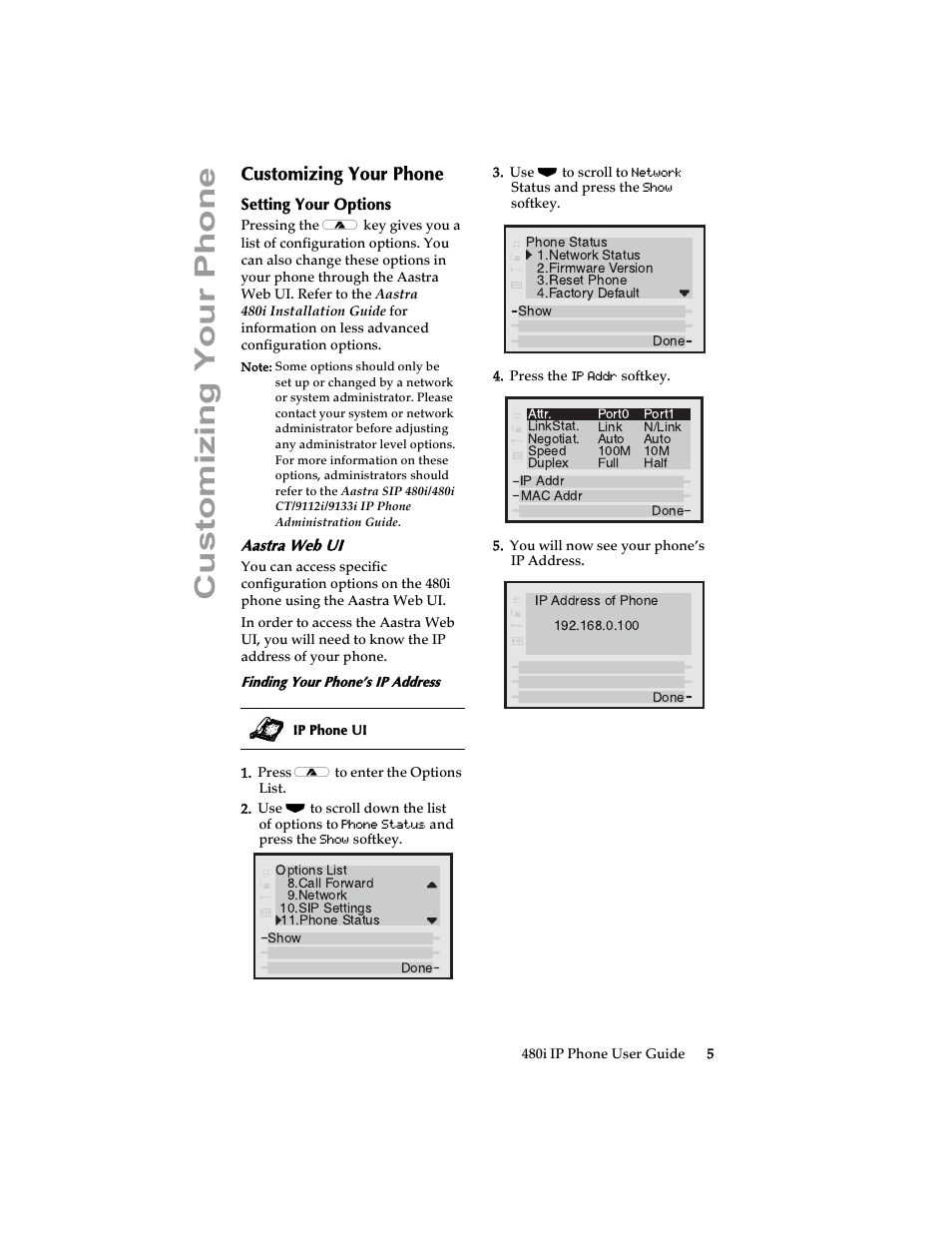 Customizing your phone, Setting your options, Aastra web ui | Customizi ng your phone | Aastra Telecom 480i SIP (Release 1.4) User Manual | Page 11 / 51