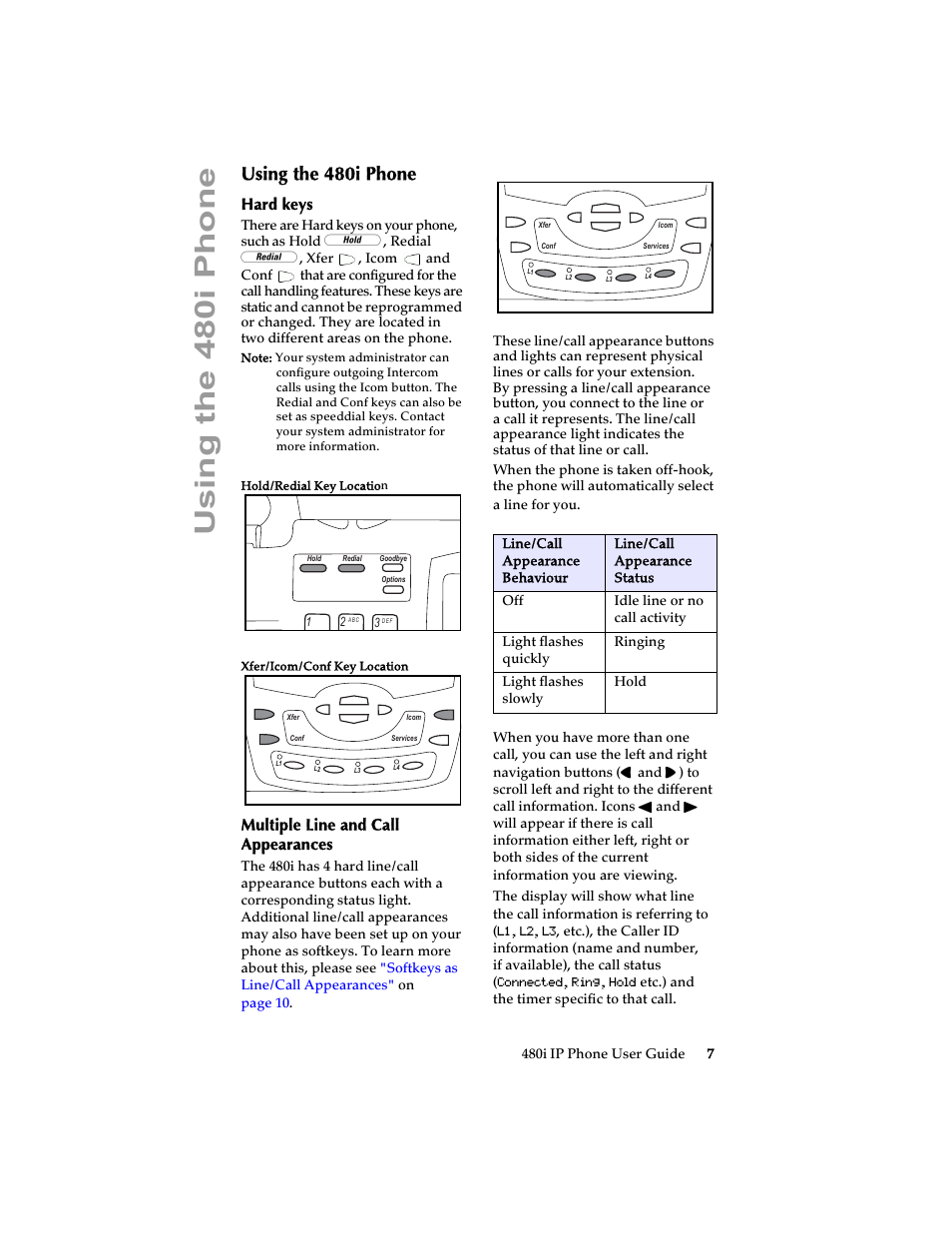 Using the 480i phone, Hard keys, Multiple line and call appearances | Hard keys multiple line and call, Appearances | Aastra Telecom 480i SIP (Release 1.4) User Manual | Page 13 / 51