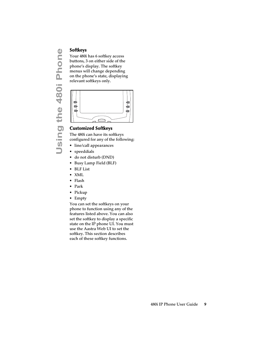 Softkeys, Customized softkeys, Softkeys customized softkeys | Using the 480i phone | Aastra Telecom 480i SIP (Release 1.4) User Manual | Page 15 / 51