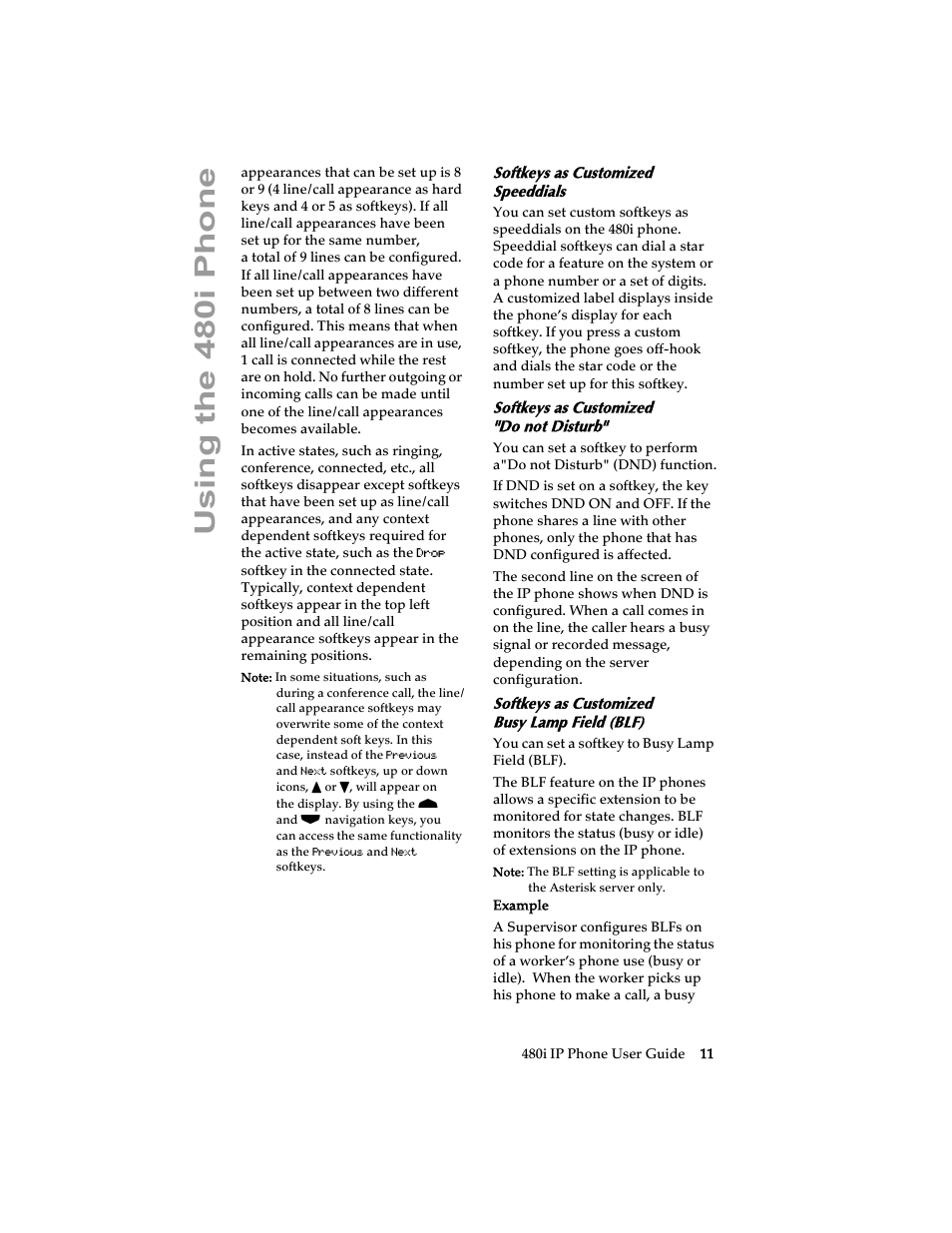 Softkeys as customized speeddials, Softkeys as customized "do not disturb, Softkeys as customized busy lamp field (blf) | Using the 480i phone | Aastra Telecom 480i SIP (Release 1.4) User Manual | Page 17 / 51