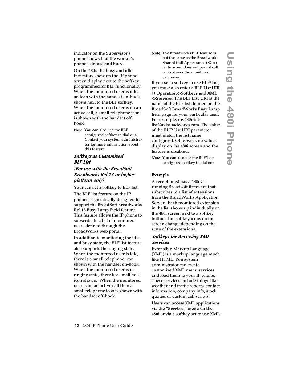 Softkeys as customized blf list, Softkeys for accessing xml services, Using the 480i phone | Aastra Telecom 480i SIP (Release 1.4) User Manual | Page 18 / 51