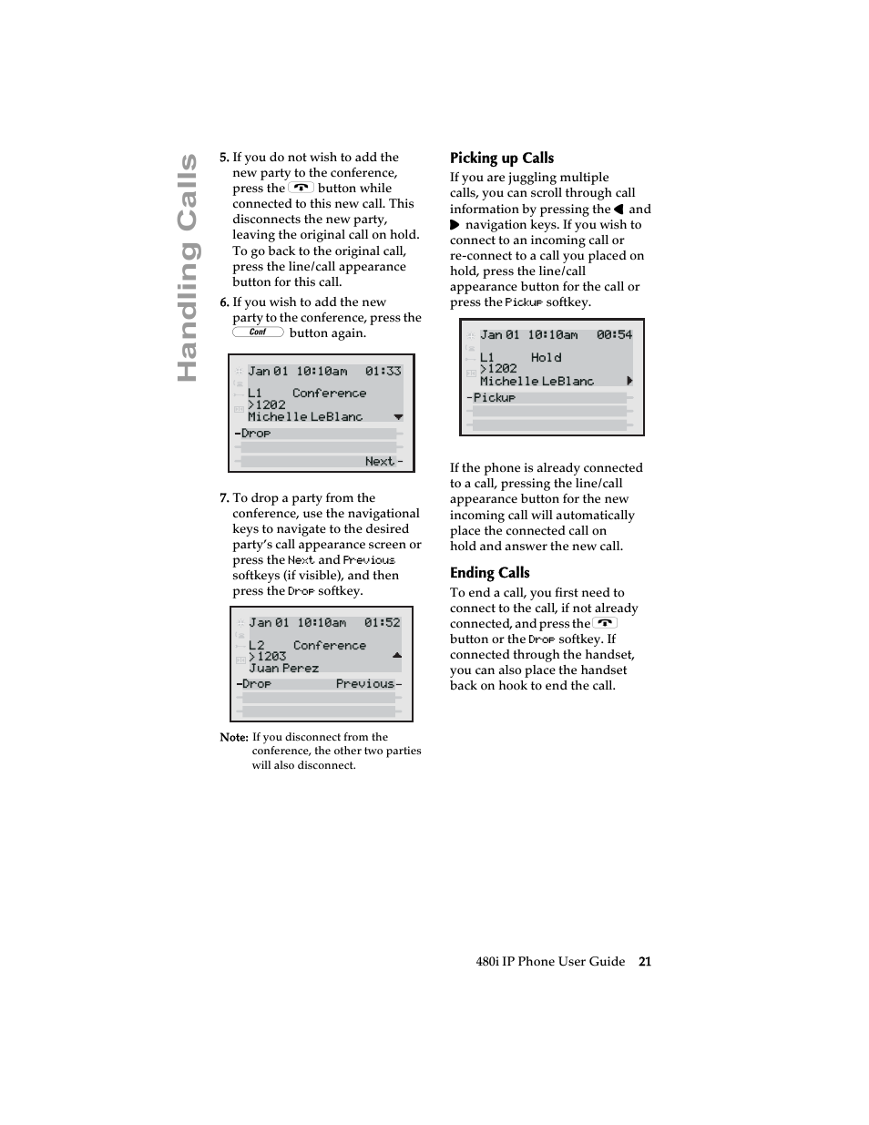 Picking up calls, Ending calls, Picking up calls ending calls | Handling cal ls | Aastra Telecom 480i SIP (Release 1.4) User Manual | Page 27 / 51