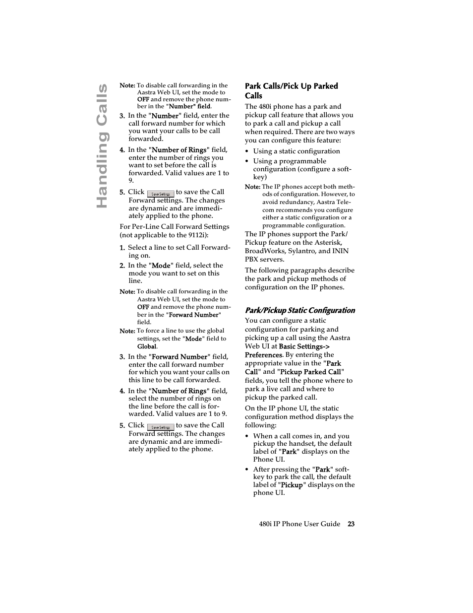 Park calls/pick up parked calls, Park/pickup static configuration, Park calls/pick | Up parked calls, Handling cal ls | Aastra Telecom 480i SIP (Release 1.4) User Manual | Page 29 / 51