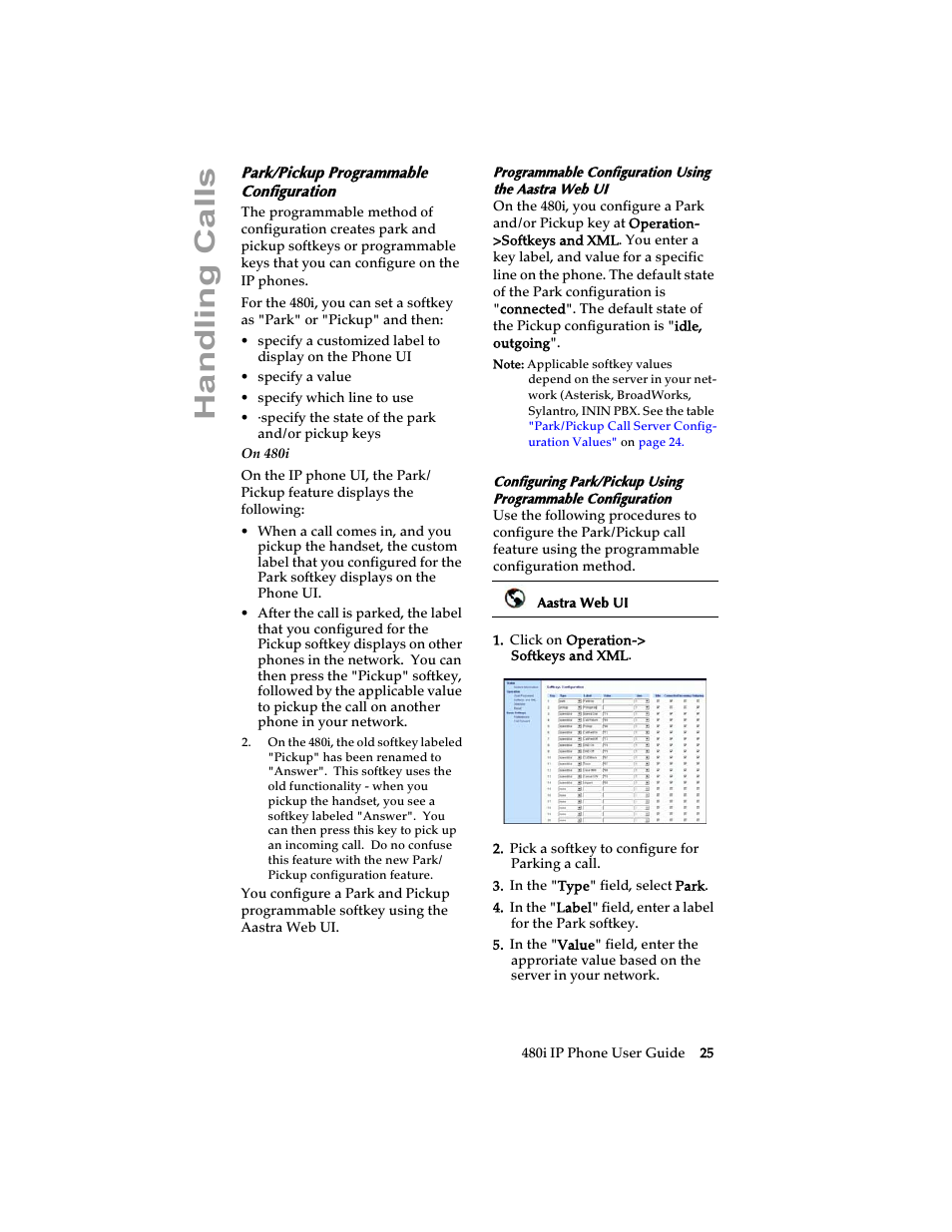Park/pickup programmable configuration, Handling cal ls | Aastra Telecom 480i SIP (Release 1.4) User Manual | Page 31 / 51