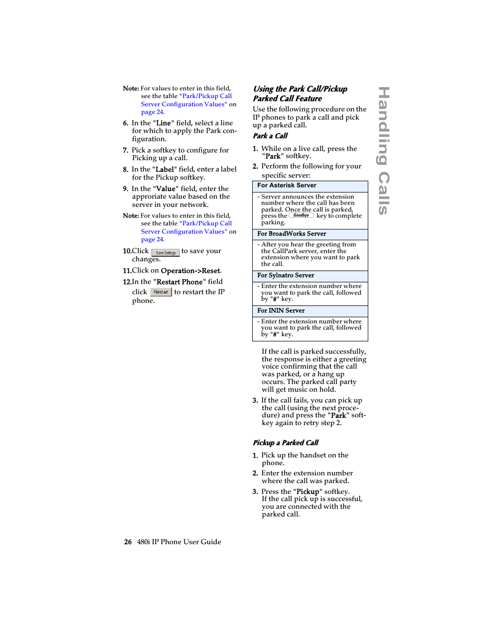 Using the park call/pickup parked call feature, Handling cal ls | Aastra Telecom 480i SIP (Release 1.4) User Manual | Page 32 / 51