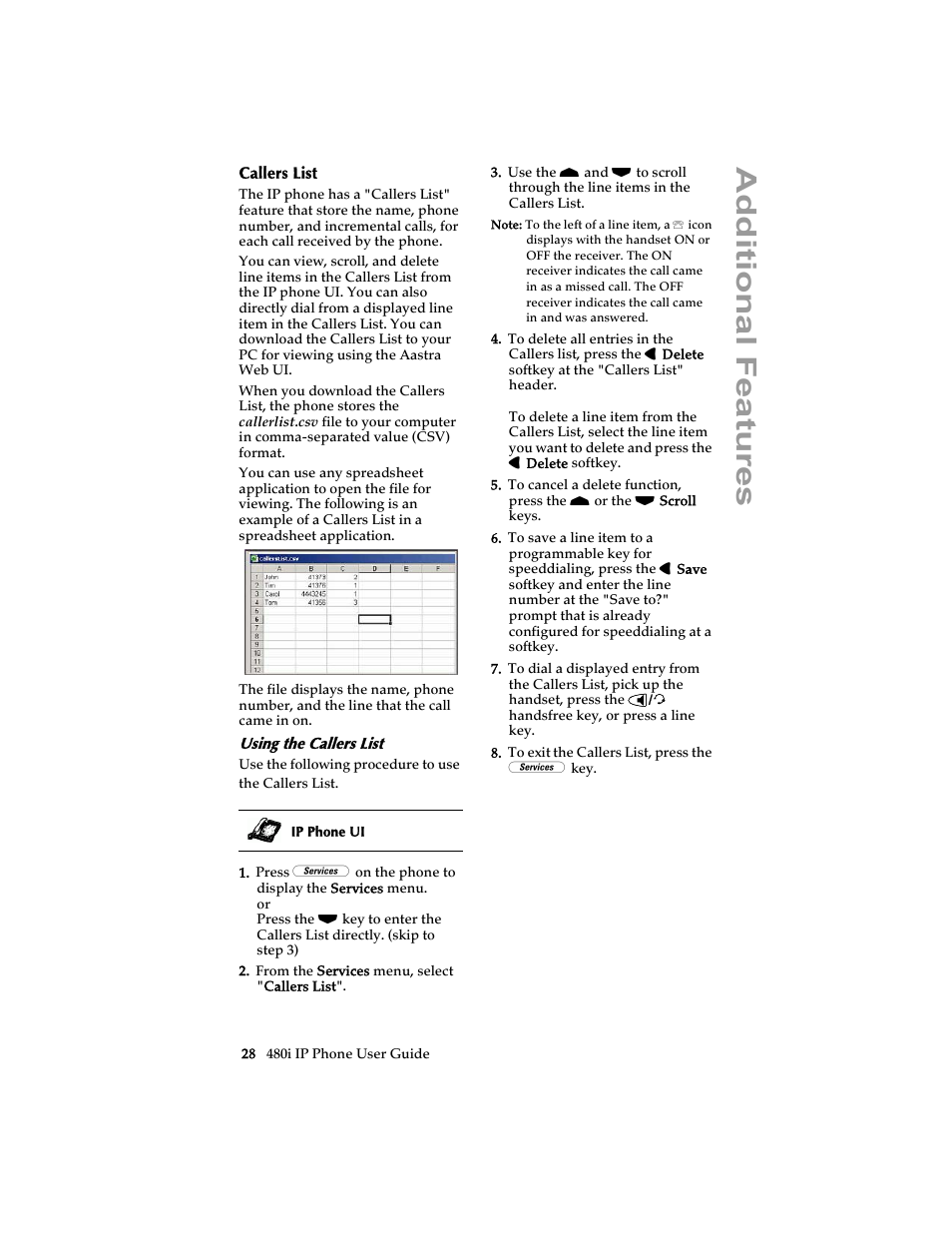 Callers list, Using the callers list, Ad ditional features | Aastra Telecom 480i SIP (Release 1.4) User Manual | Page 34 / 51