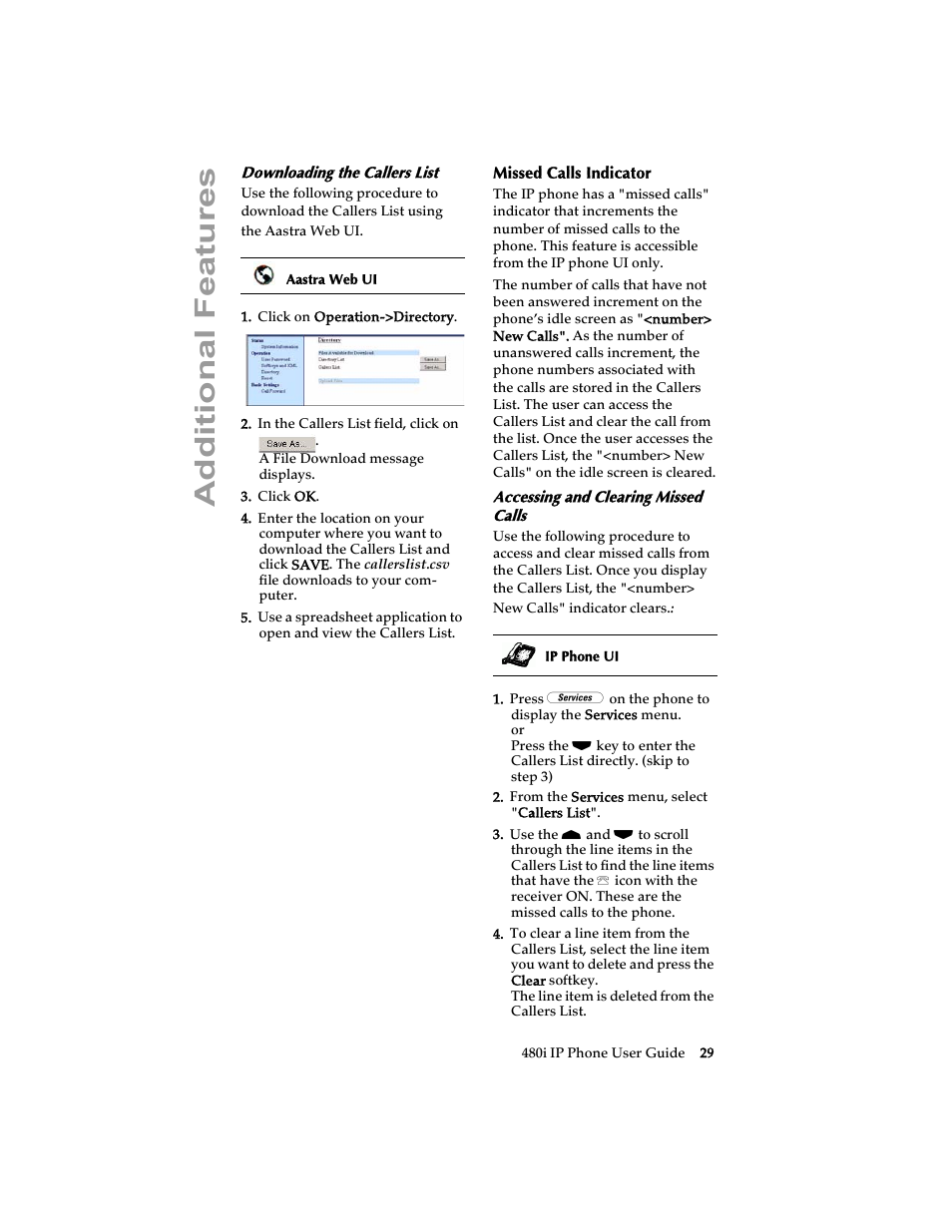 Downloading the callers list, Missed calls indicator, Accessing and clearing missed calls | Additional features | Aastra Telecom 480i SIP (Release 1.4) User Manual | Page 35 / 51