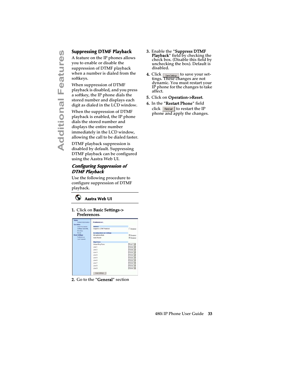 Suppressing dtmf playback, Configuring suppression of dtmf playback, Additional features | Aastra Telecom 480i SIP (Release 1.4) User Manual | Page 39 / 51