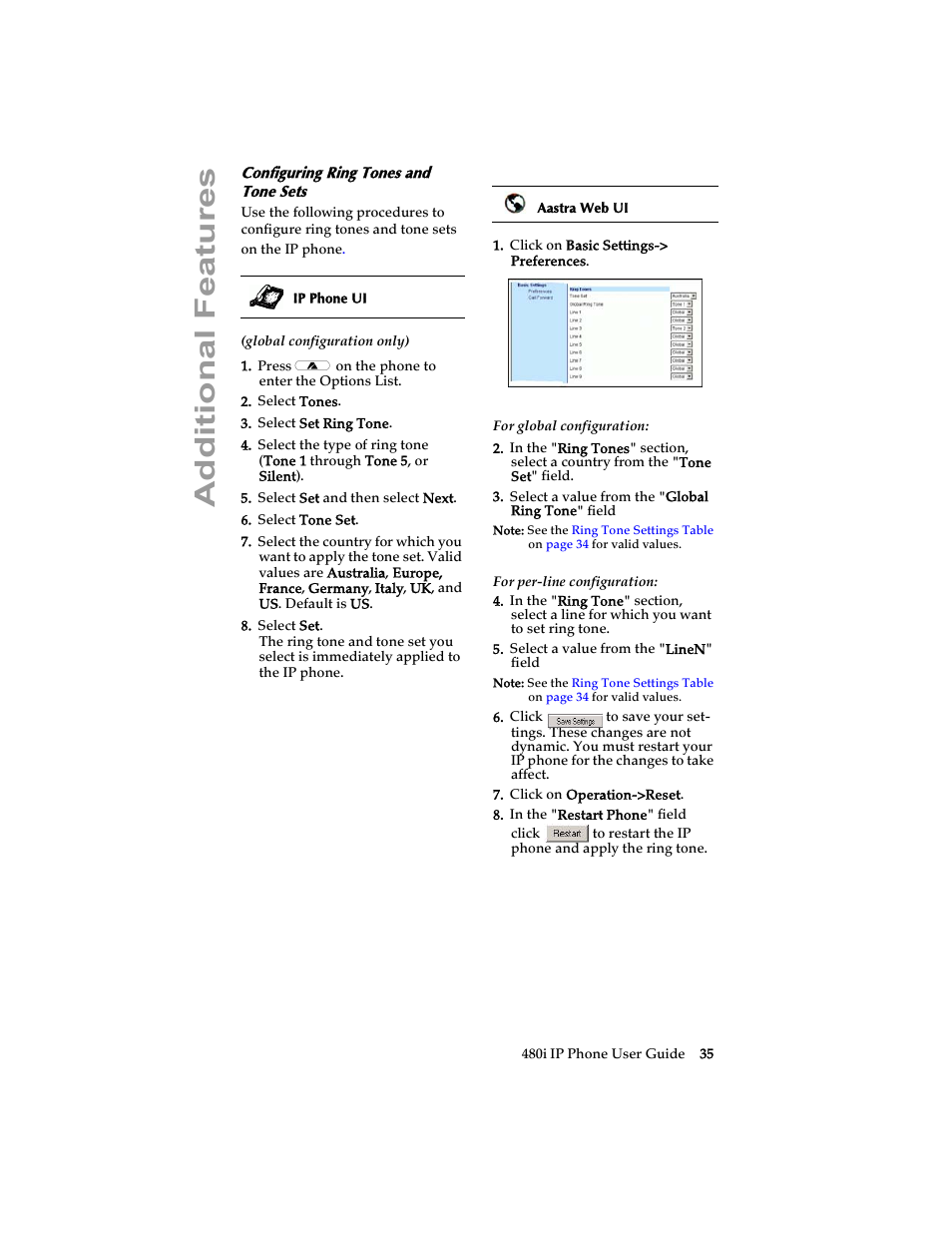 Configuring ring tones and tone sets, Additional features | Aastra Telecom 480i SIP (Release 1.4) User Manual | Page 41 / 51