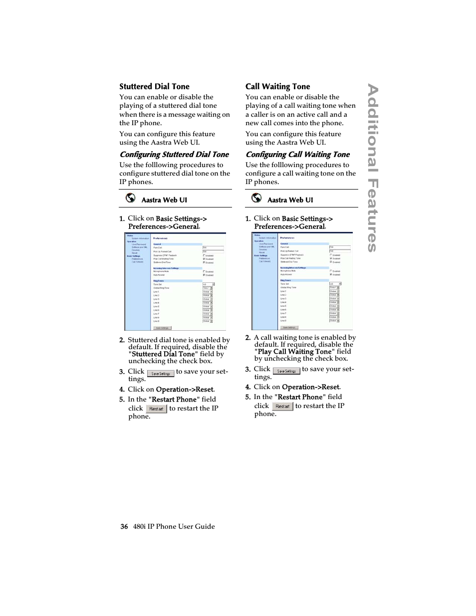 Stuttered dial tone, Configuring stuttered dial tone, Call waiting tone | Configuring call waiting tone, Stuttered dial tone call waiting tone, Ad ditional features | Aastra Telecom 480i SIP (Release 1.4) User Manual | Page 42 / 51