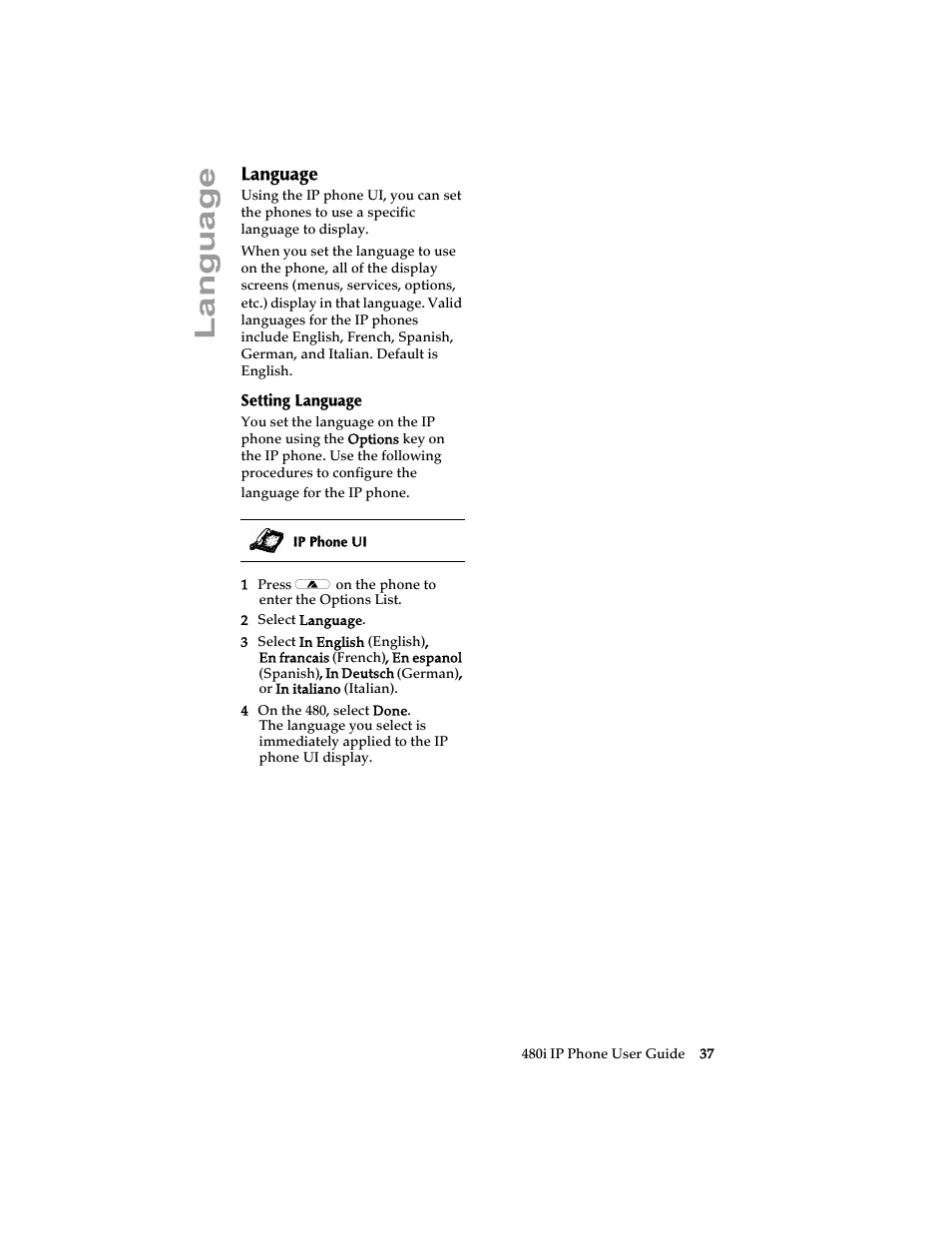 Language, Setting language | Aastra Telecom 480i SIP (Release 1.4) User Manual | Page 43 / 51