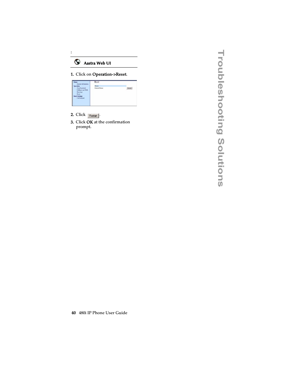 Troubleshooti ng solutions | Aastra Telecom 480i SIP (Release 1.4) User Manual | Page 46 / 51