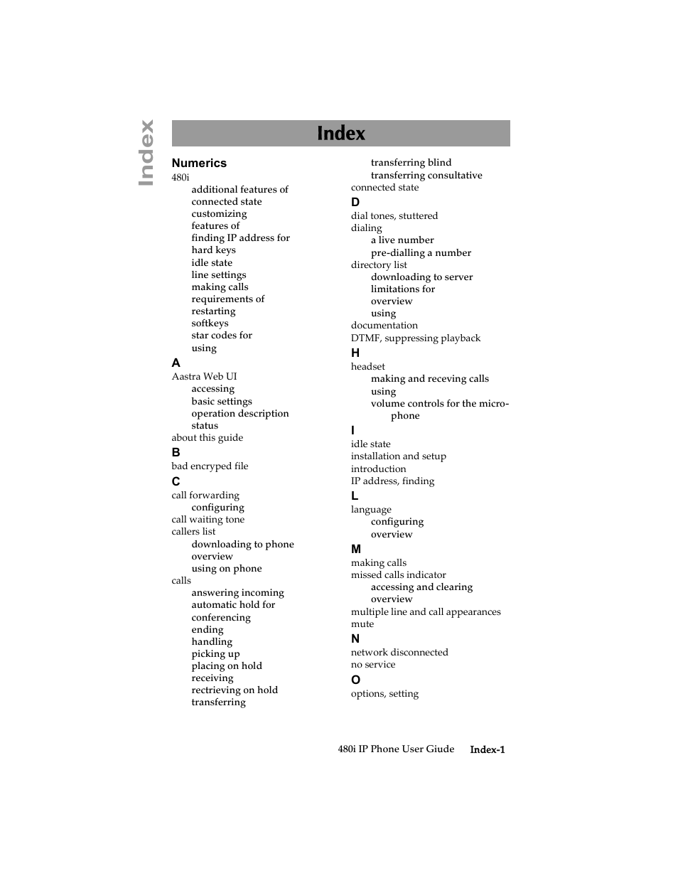 Index | Aastra Telecom 480i SIP (Release 1.4) User Manual | Page 49 / 51