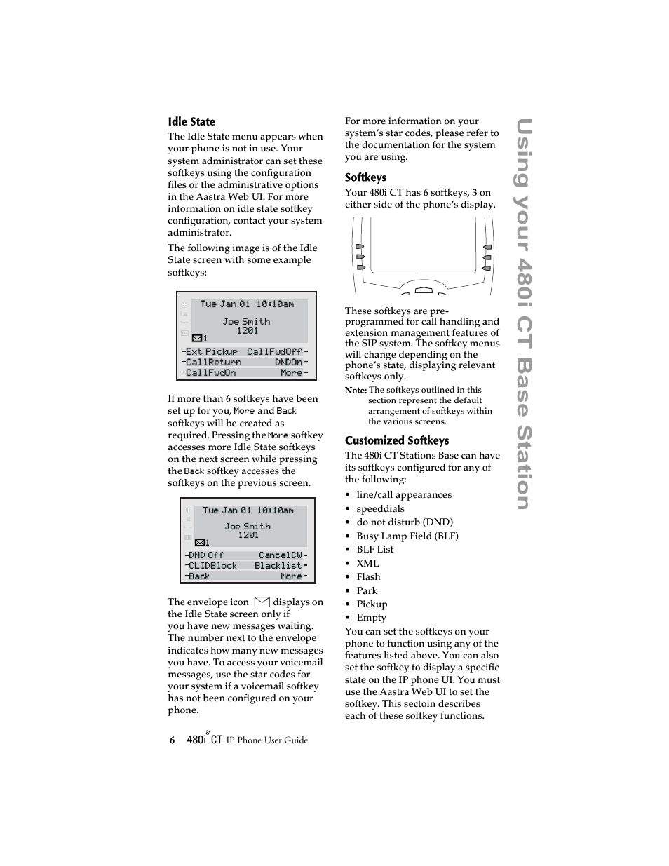 Idle state, Softkeys, Customized softkeys | Idle state softkeys customized softkeys, Us ing yo ur 4 80i ct ba se statio n | Aastra Telecom 480i CT (Release 1.4) User Manual | Page 12 / 69