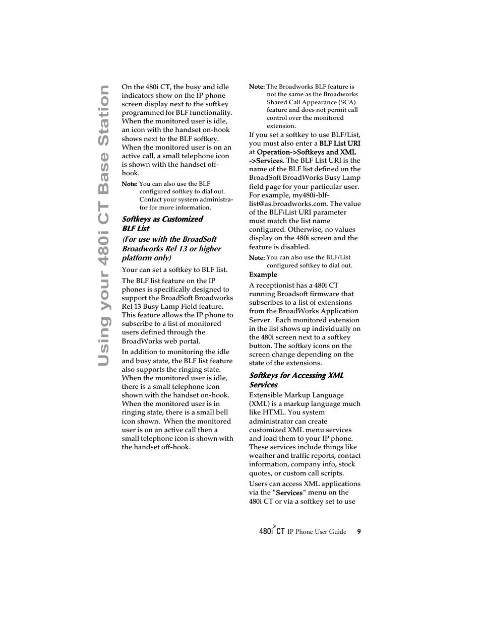 Softkeys as customized blf list, Softkeys for accessing xml services, Usin g your 48 0i ct base station | Aastra Telecom 480i CT (Release 1.4) User Manual | Page 15 / 69