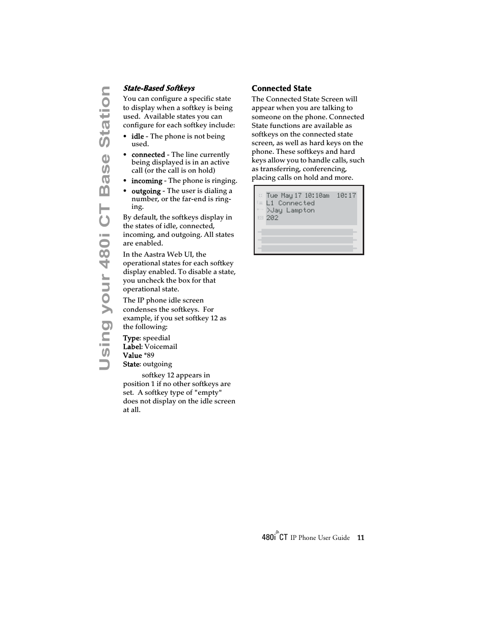 State-based softkeys, Connected state, Usin g your 48 0i ct base station | Aastra Telecom 480i CT (Release 1.4) User Manual | Page 17 / 69