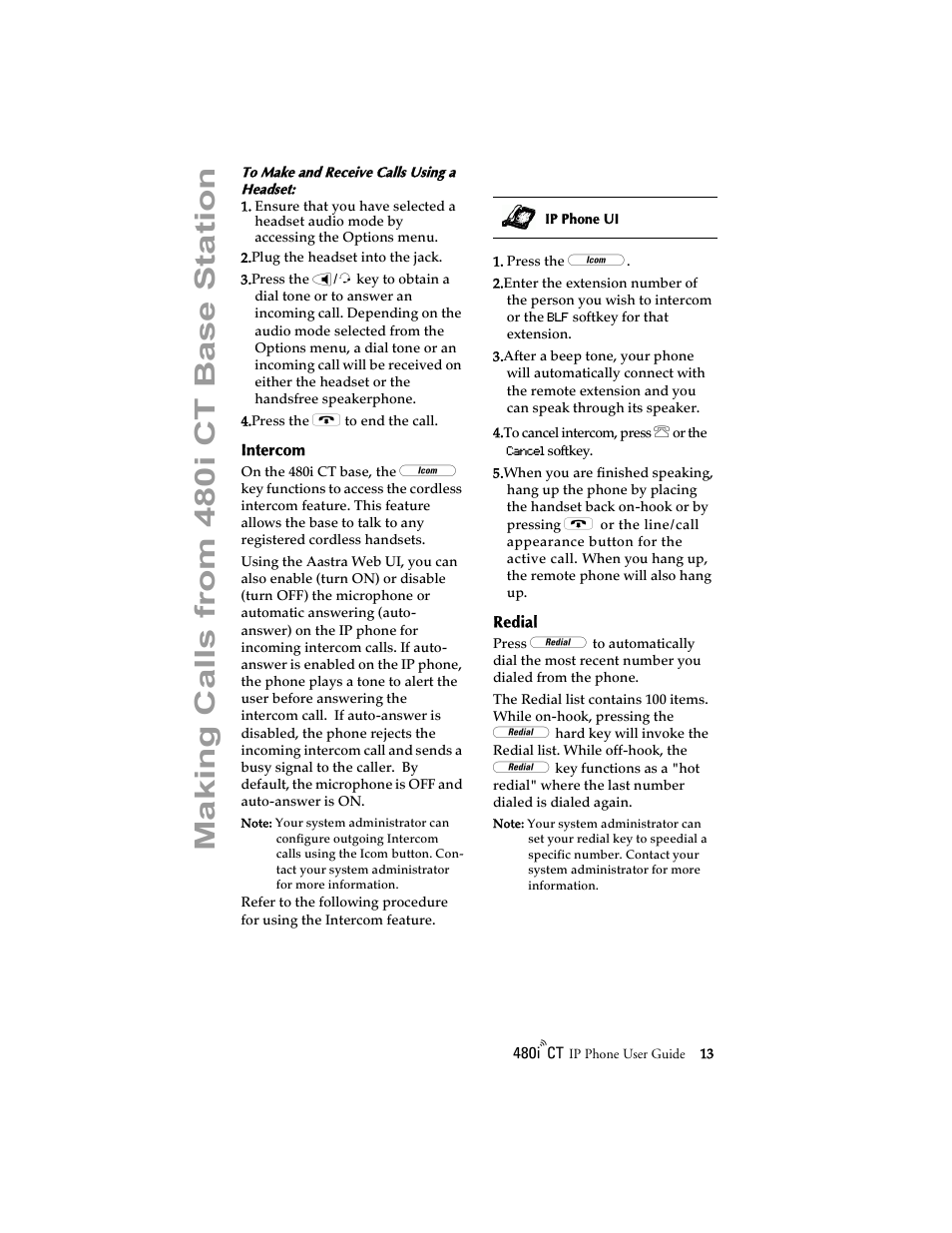 Intercom, Redial, Intercom redial | Ma king call s from 48 0i ct base station | Aastra Telecom 480i CT (Release 1.4) User Manual | Page 19 / 69