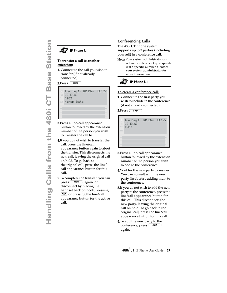 Conferencing calls, Handli ng calls from the 48 0i ct base station | Aastra Telecom 480i CT (Release 1.4) User Manual | Page 23 / 69