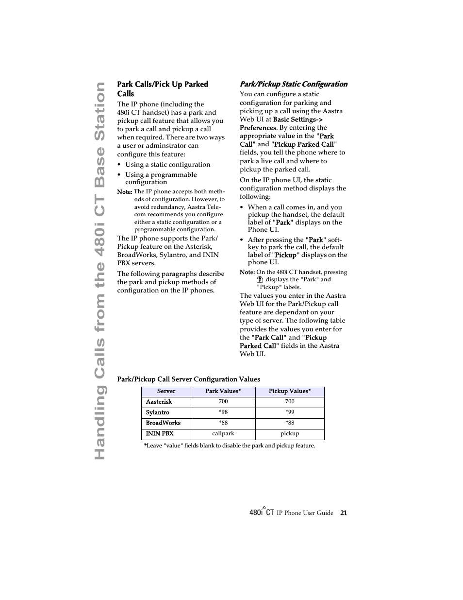 Park calls/pick up parked calls, Park/pickup static configuration, Handli ng calls from the 48 0i ct base station | Aastra Telecom 480i CT (Release 1.4) User Manual | Page 27 / 69