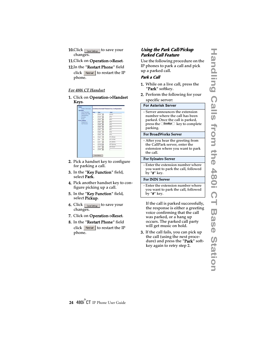 Using the park call/pickup parked call feature, Ha ndling cal ls from the 480i ct ba se sta ti o n | Aastra Telecom 480i CT (Release 1.4) User Manual | Page 30 / 69