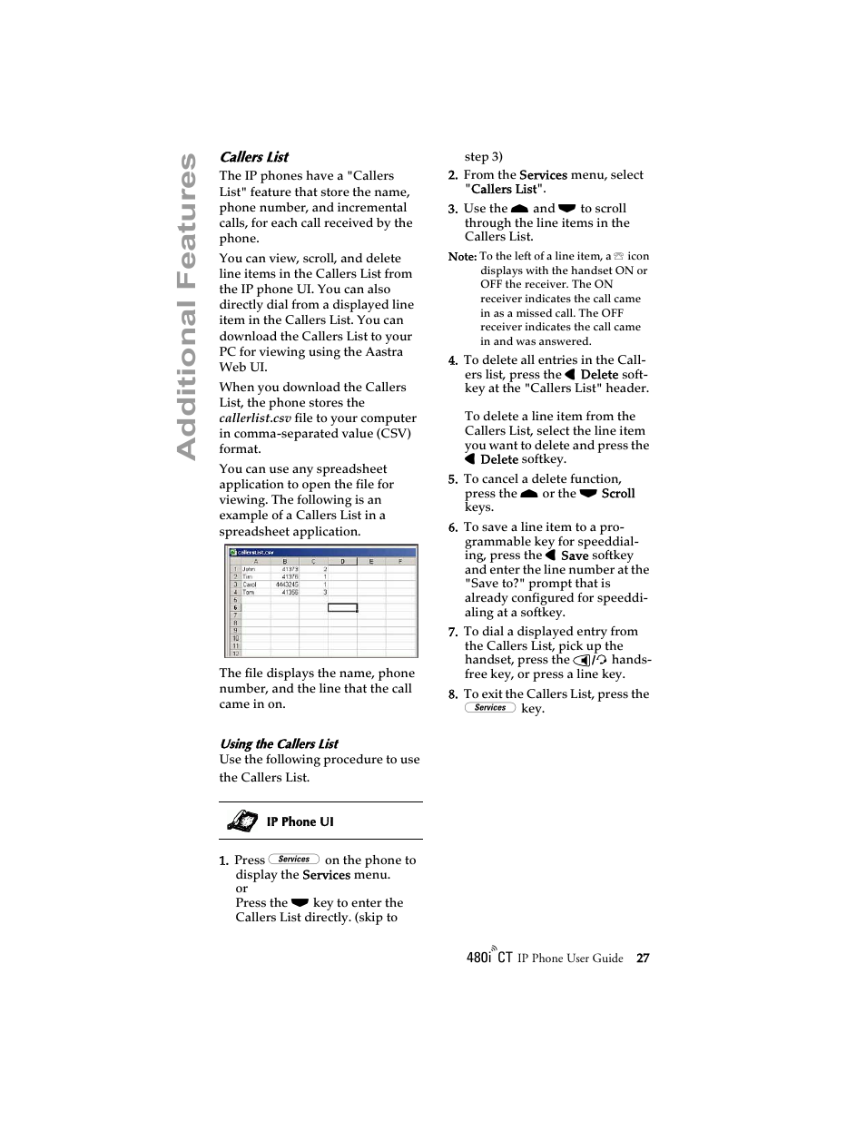 Callers list, Additional features | Aastra Telecom 480i CT (Release 1.4) User Manual | Page 33 / 69