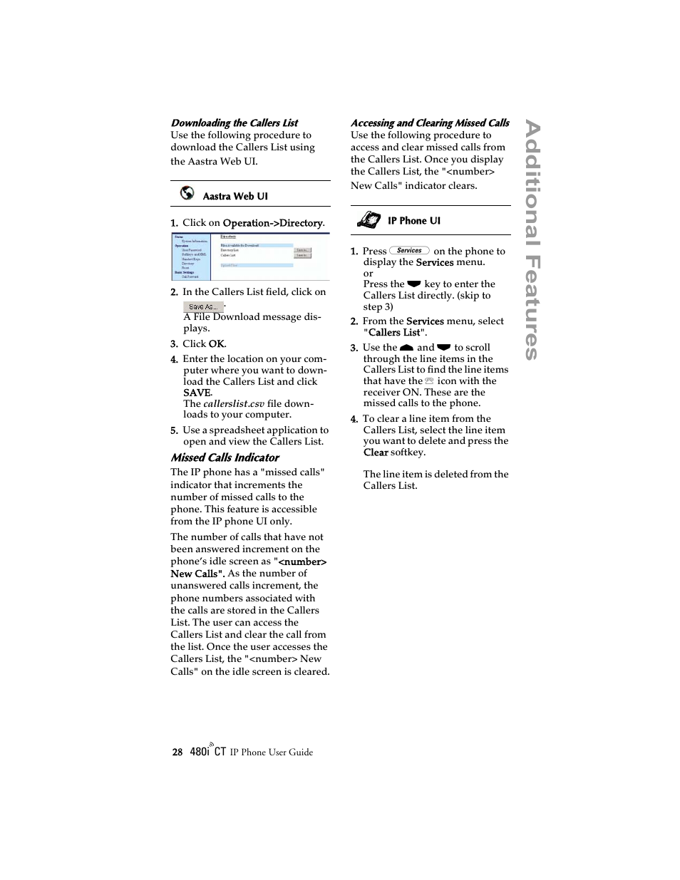 Missed calls indicator, Ad ditional features | Aastra Telecom 480i CT (Release 1.4) User Manual | Page 34 / 69