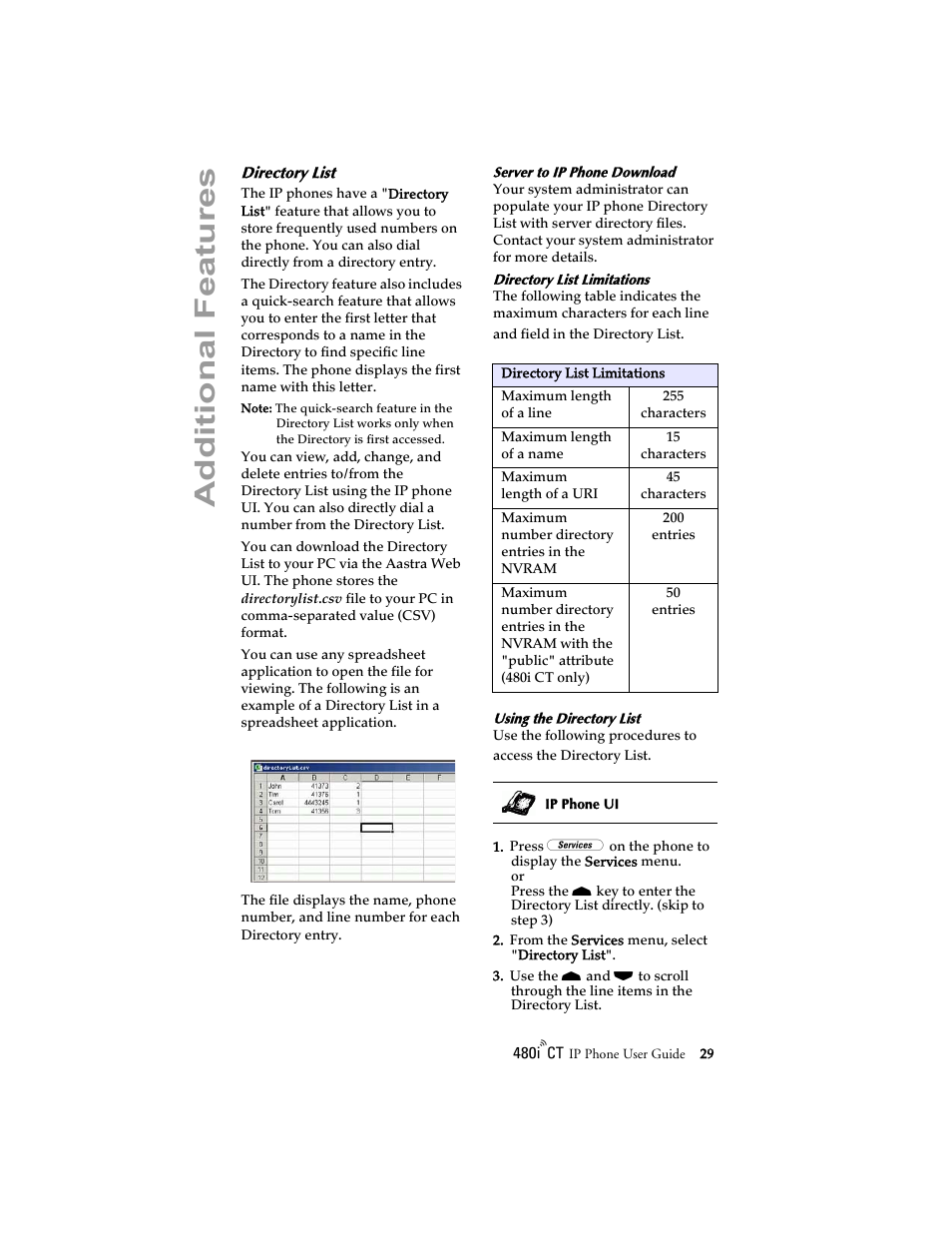 Directory list, Additional features | Aastra Telecom 480i CT (Release 1.4) User Manual | Page 35 / 69