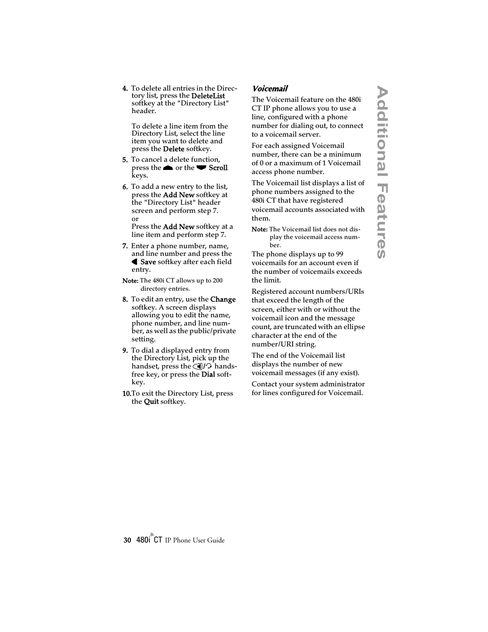 Voicemail, Ad ditional features | Aastra Telecom 480i CT (Release 1.4) User Manual | Page 36 / 69