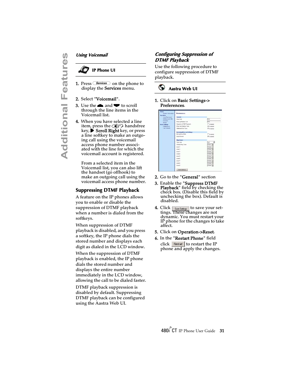 Suppressing dtmf playback, Configuring suppression of dtmf playback, Additional features | Aastra Telecom 480i CT (Release 1.4) User Manual | Page 37 / 69