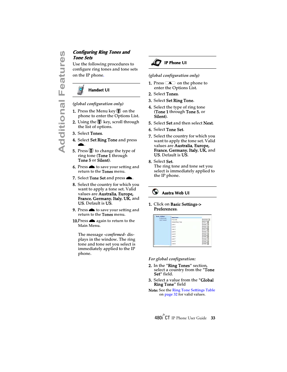 Configuring ring tones and tone sets, Additional features | Aastra Telecom 480i CT (Release 1.4) User Manual | Page 39 / 69