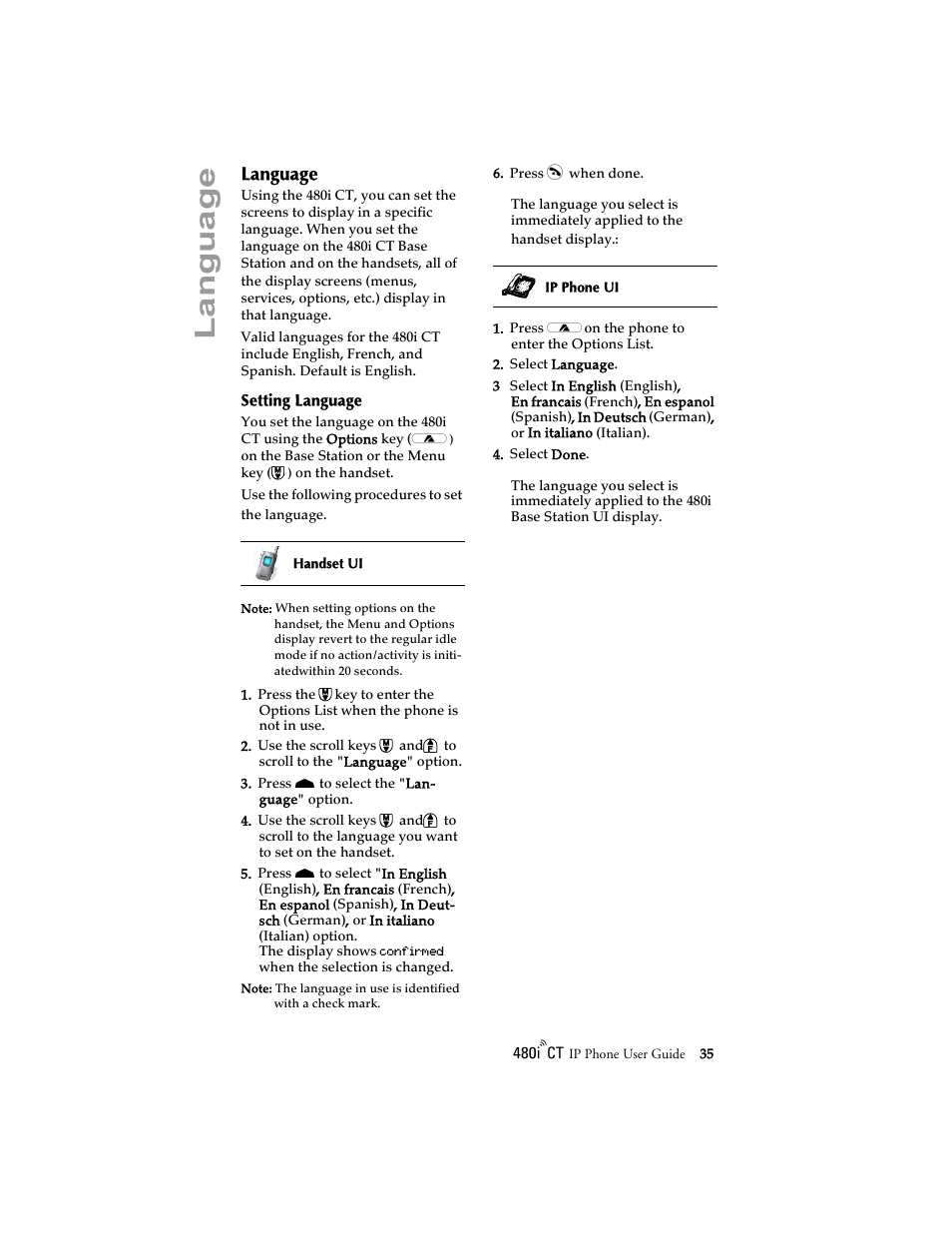 Language, Setting language | Aastra Telecom 480i CT (Release 1.4) User Manual | Page 41 / 69