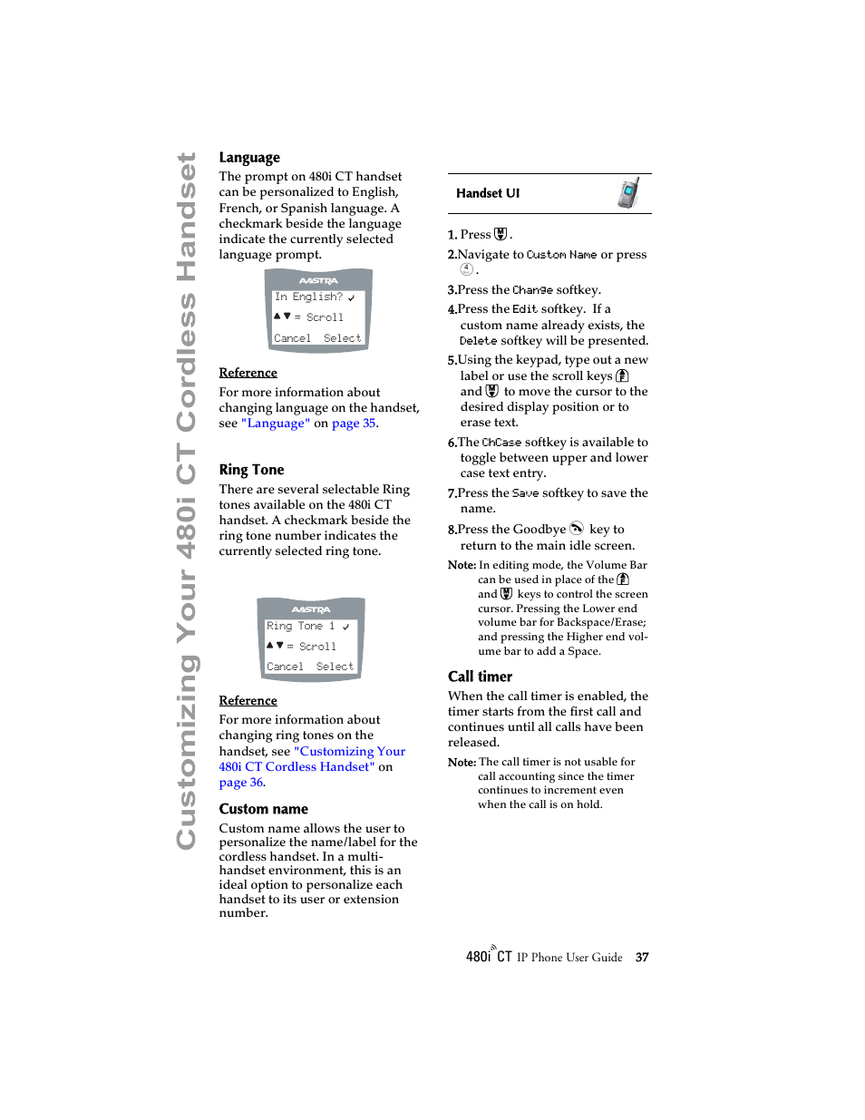 Language, Ring tone, Custom name | Call timer, Language ring tone custom name call timer, Customizi ng your 480i ct cordless handset | Aastra Telecom 480i CT (Release 1.4) User Manual | Page 43 / 69