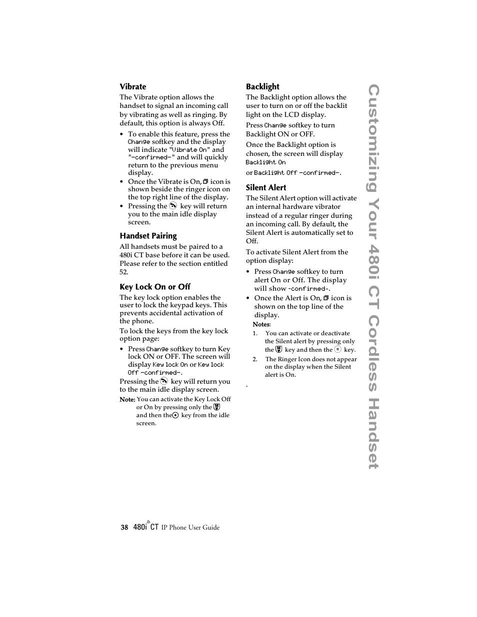Vibrate, Handset pairing, Key lock on or off | Backlight, Silent alert, Cu stomizi ng your 480 i ct cordl ess ha ndset | Aastra Telecom 480i CT (Release 1.4) User Manual | Page 44 / 69
