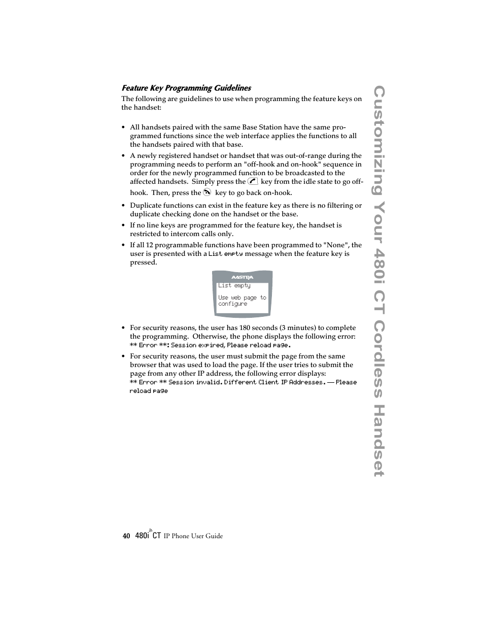 Feature key programming guidelines, Cu stomizi ng your 480 i ct cordl ess ha ndset | Aastra Telecom 480i CT (Release 1.4) User Manual | Page 46 / 69