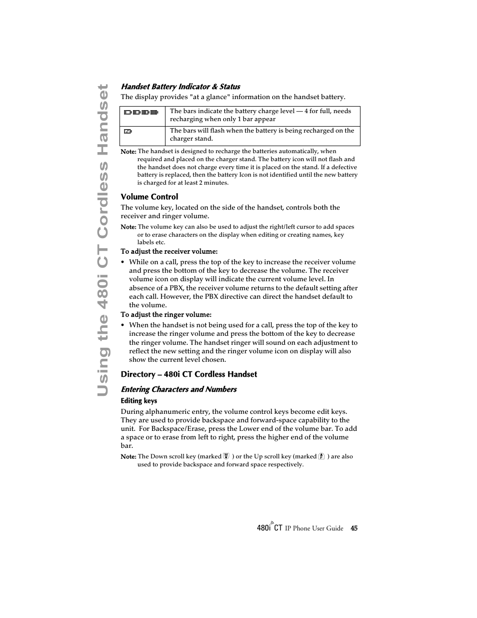 Handset battery indicator & status, Volume control, Directory – 480i ct cordless handset | Entering characters and numbers, Volume control directory – 480i ct cordless, Handset, Using the 480 i ct cordle ss ha ndset | Aastra Telecom 480i CT (Release 1.4) User Manual | Page 51 / 69
