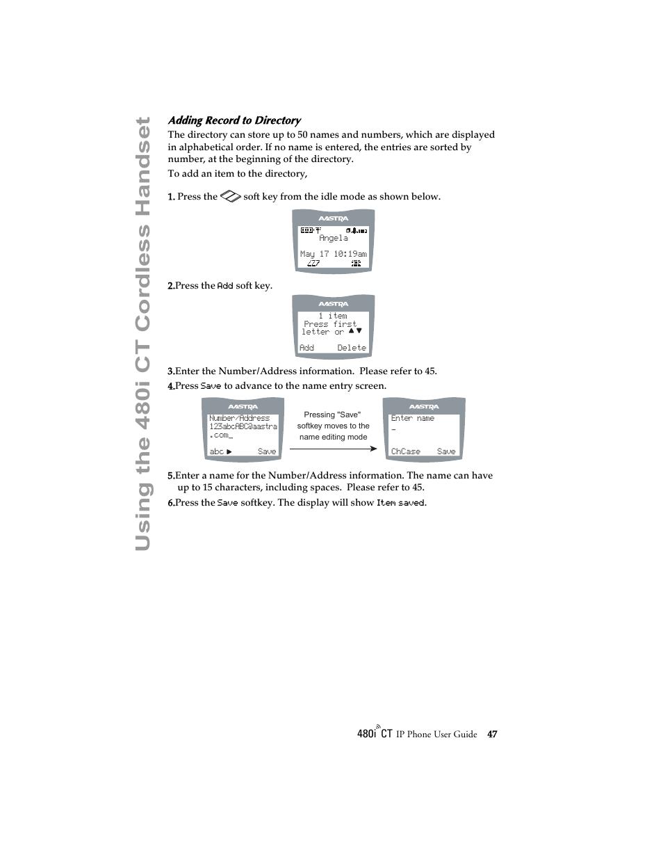 Adding record to directory, Using the 480 i ct cordle ss ha ndset | Aastra Telecom 480i CT (Release 1.4) User Manual | Page 53 / 69