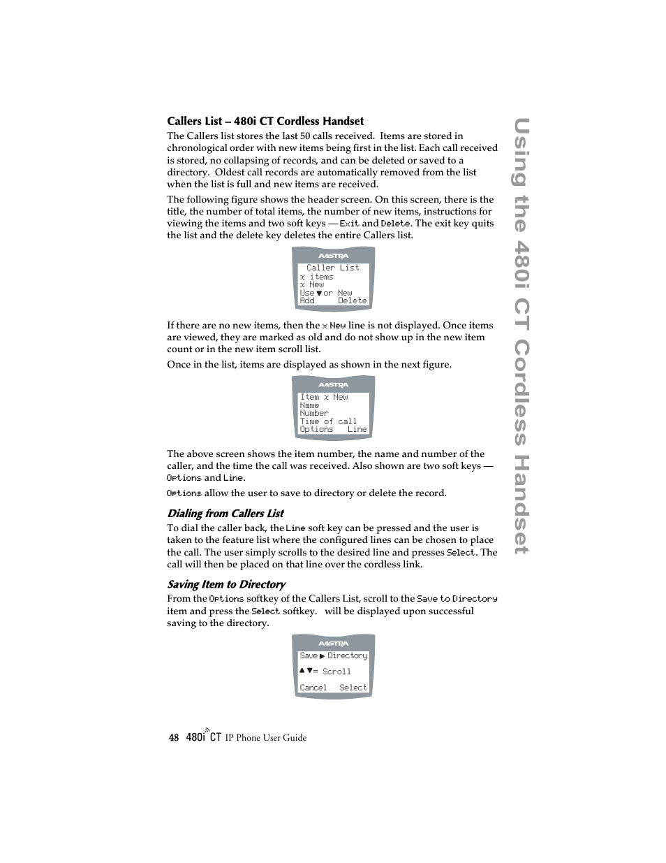 Callers list – 480i ct cordless handset, Dialing from callers list, Saving item to directory | Callers list – 480i ct cordless, Handset, Us ing the 480i ct cordle ss hands et | Aastra Telecom 480i CT (Release 1.4) User Manual | Page 54 / 69