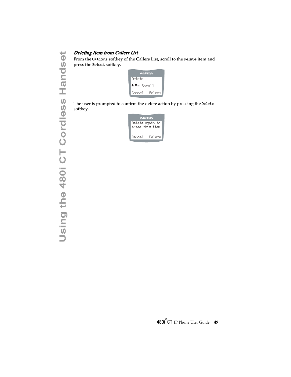Deleting item from callers list, Using the 480 i ct cordle ss ha ndset | Aastra Telecom 480i CT (Release 1.4) User Manual | Page 55 / 69