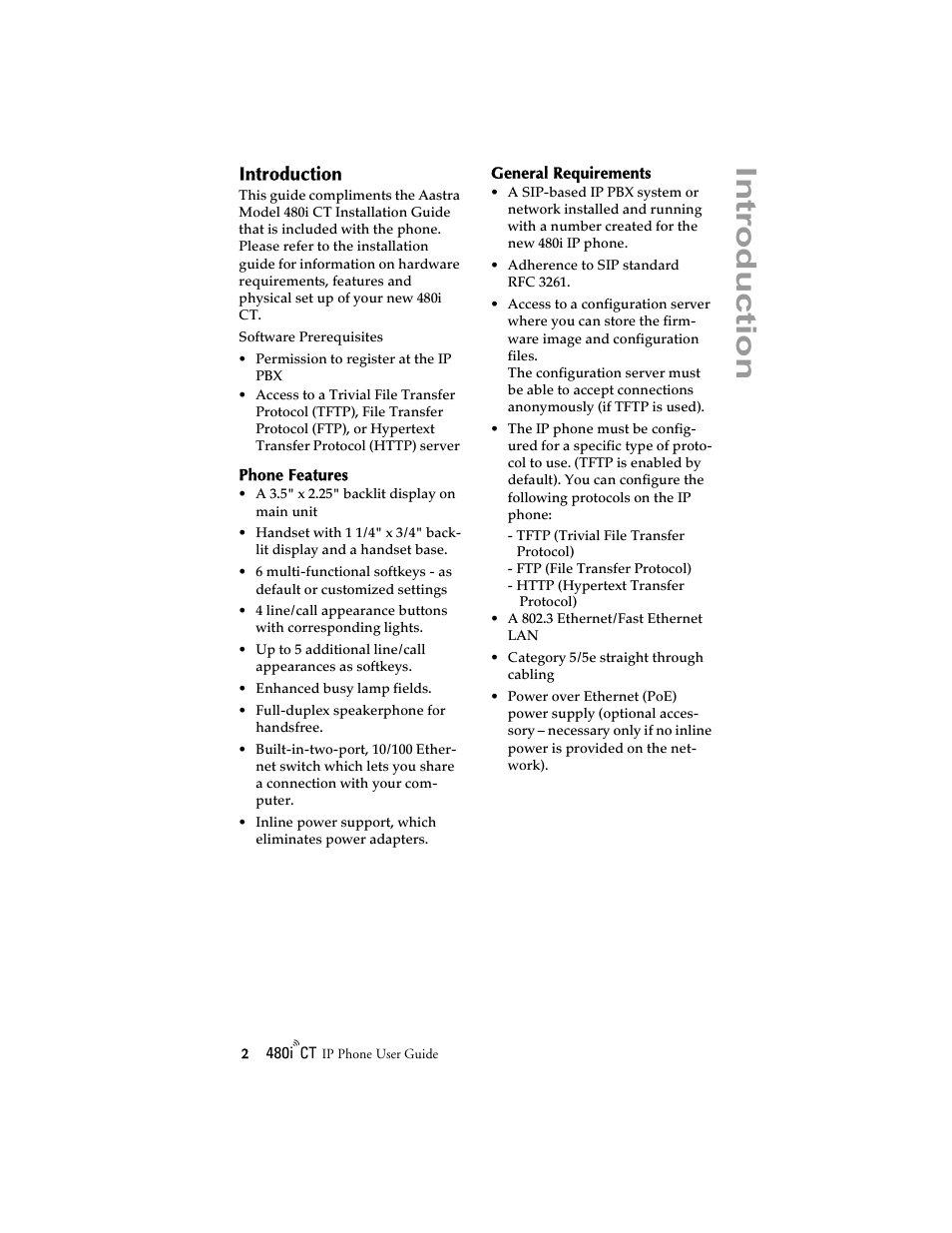 Introduction, Phone features, General requirements | Phone features general requirements | Aastra Telecom 480i CT (Release 1.4) User Manual | Page 8 / 69