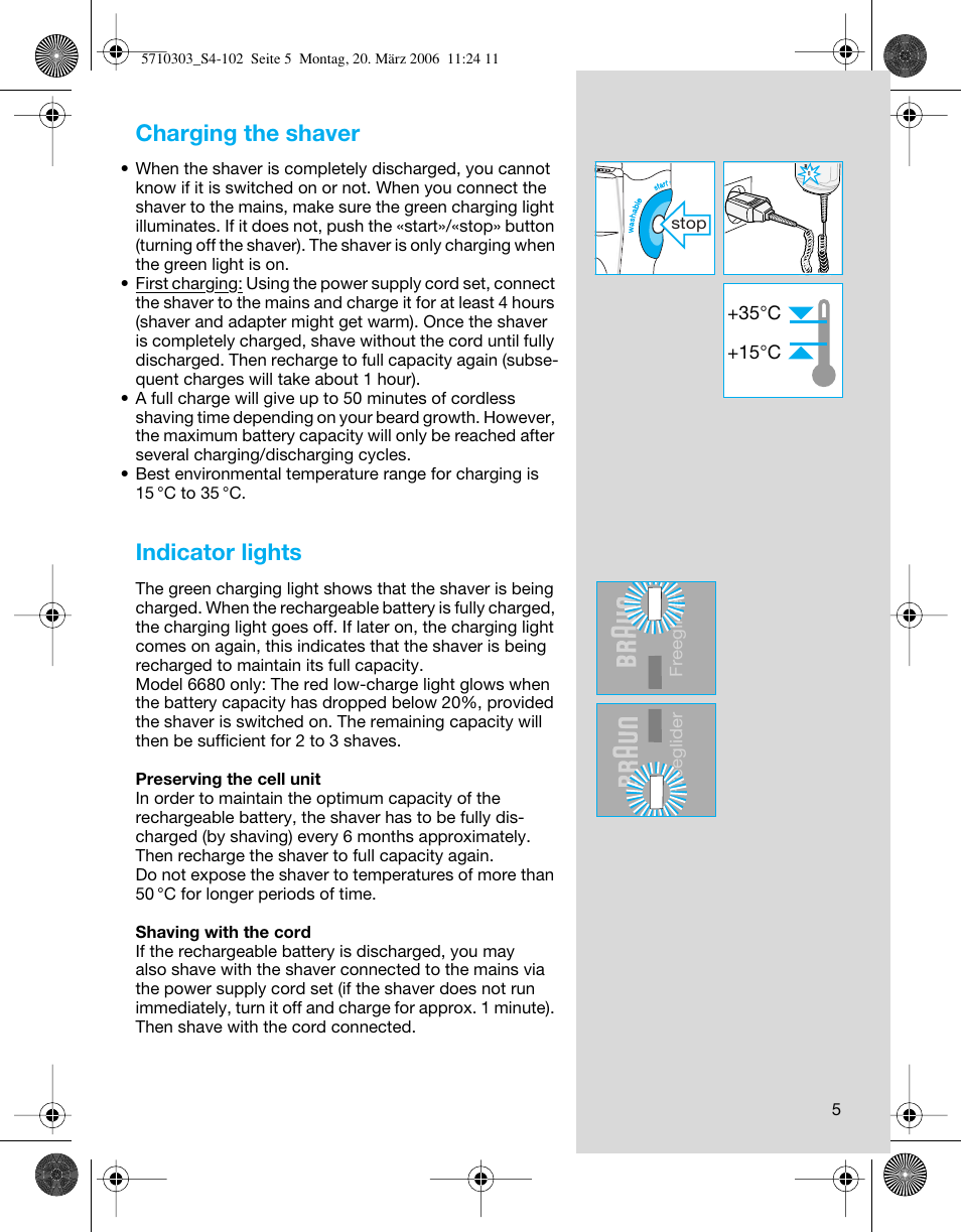 Charging the shaver, Indicator lights | Braun 6620 User Manual | Page 5 / 99