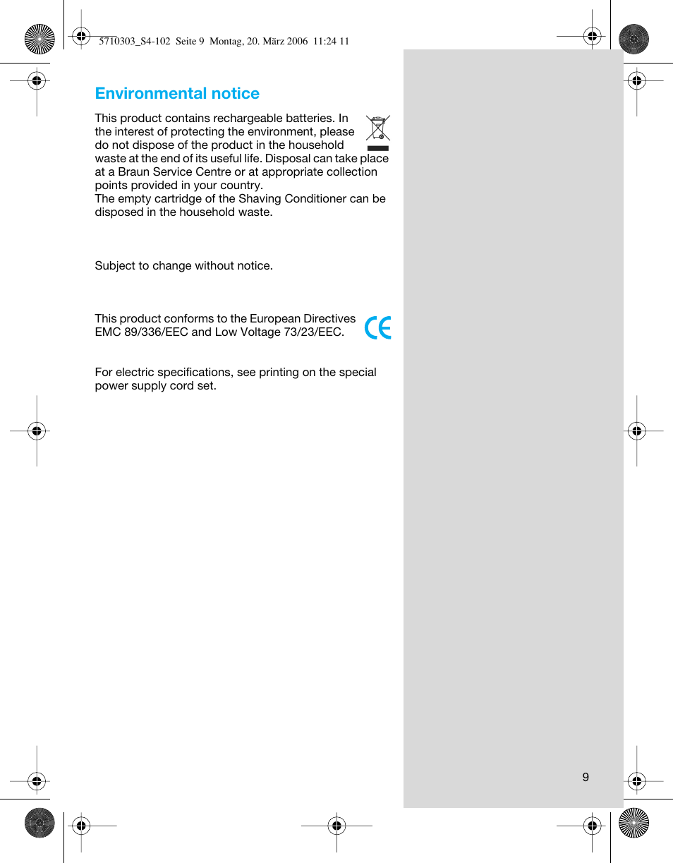 Environmental notice | Braun 6620 User Manual | Page 9 / 99