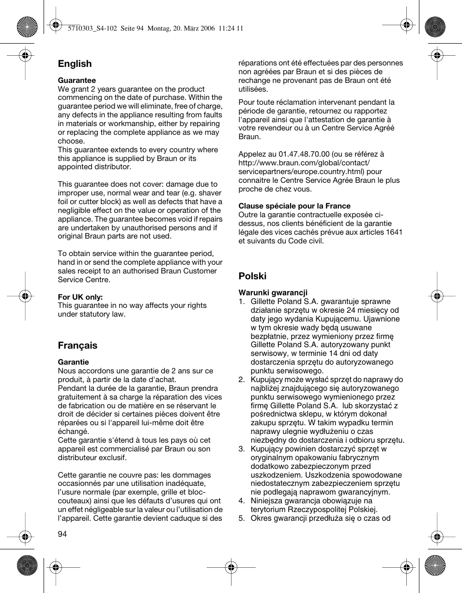 Braun 6620 User Manual | Page 94 / 99