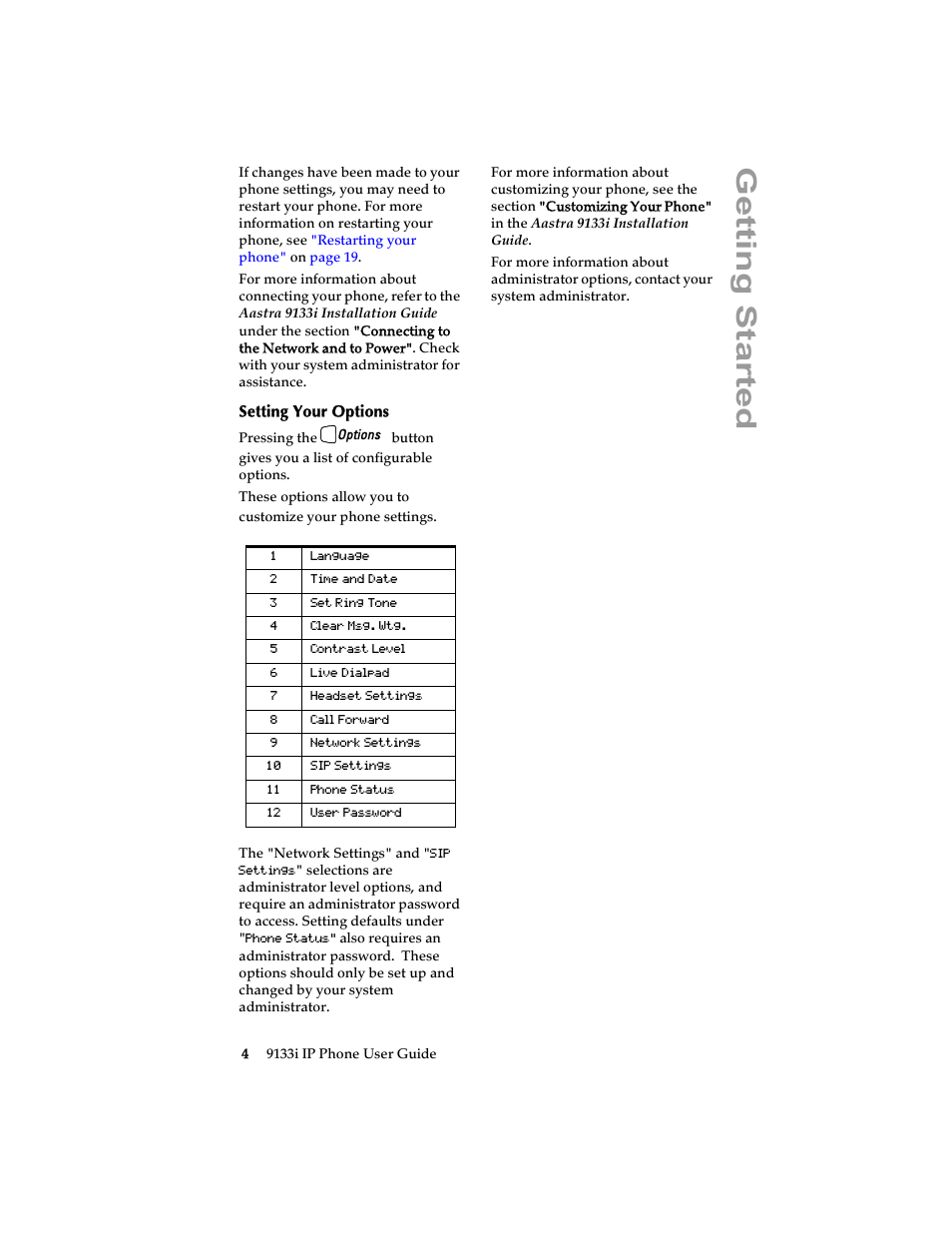 Setting your options, Ge tt ing started | Aastra Telecom 9133i (USER GUIDE) User Manual | Page 10 / 53