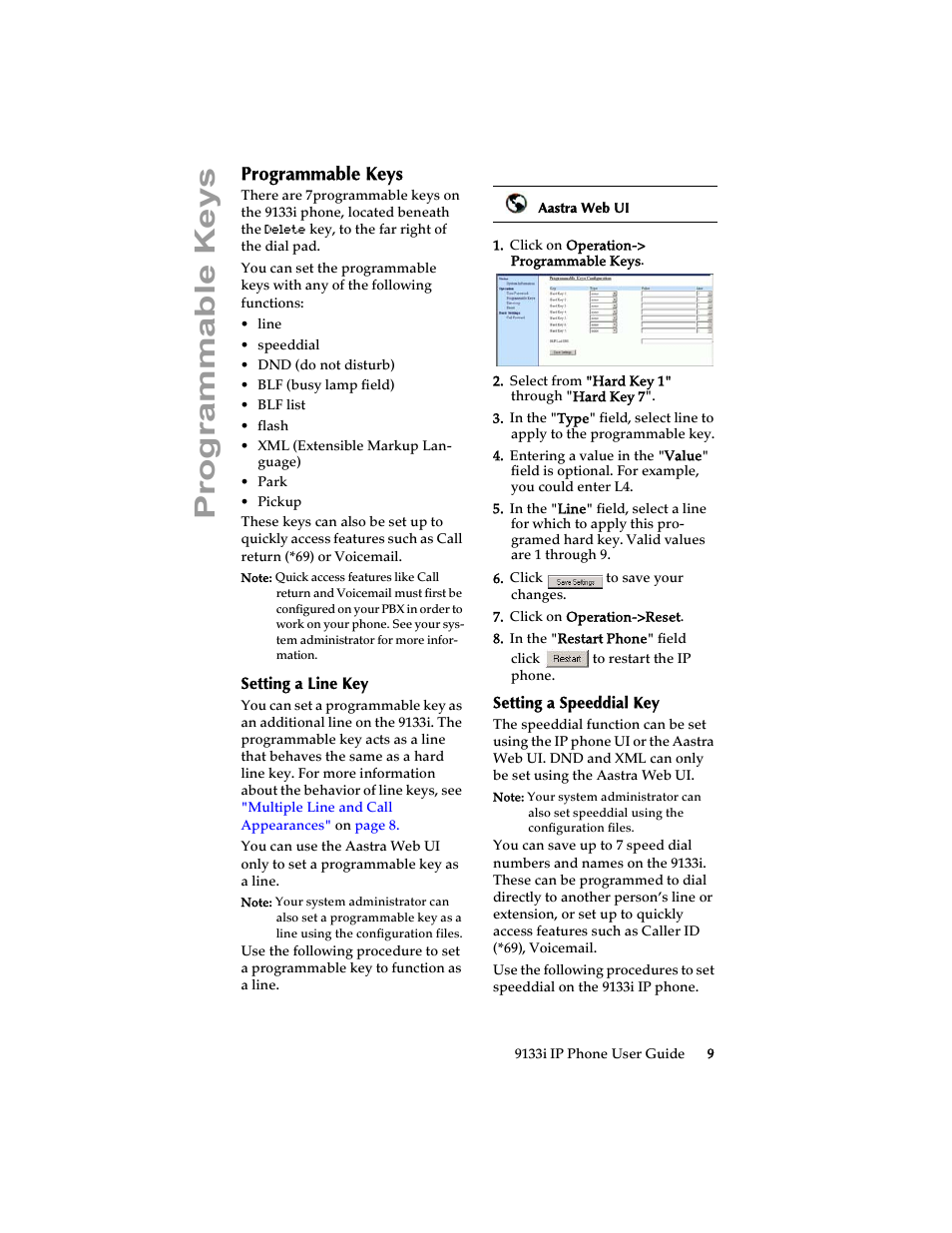 Programmable keys, Setting a line key, Setting a speeddial key | Setting a line key setting a speeddial key | Aastra Telecom 9133i (USER GUIDE) User Manual | Page 15 / 53
