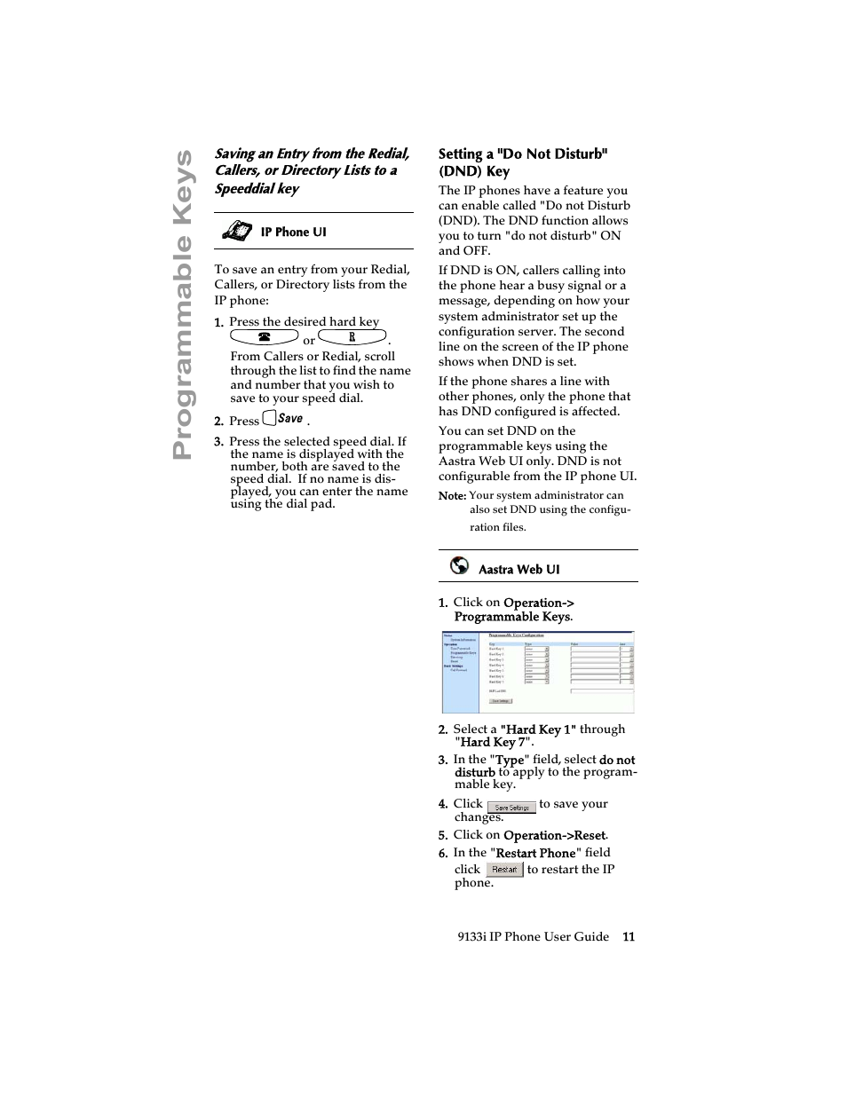 Setting a "do not disturb" (dnd) key, Setting a "do not disturb" (dnd), Programmable keys | Aastra Telecom 9133i (USER GUIDE) User Manual | Page 17 / 53