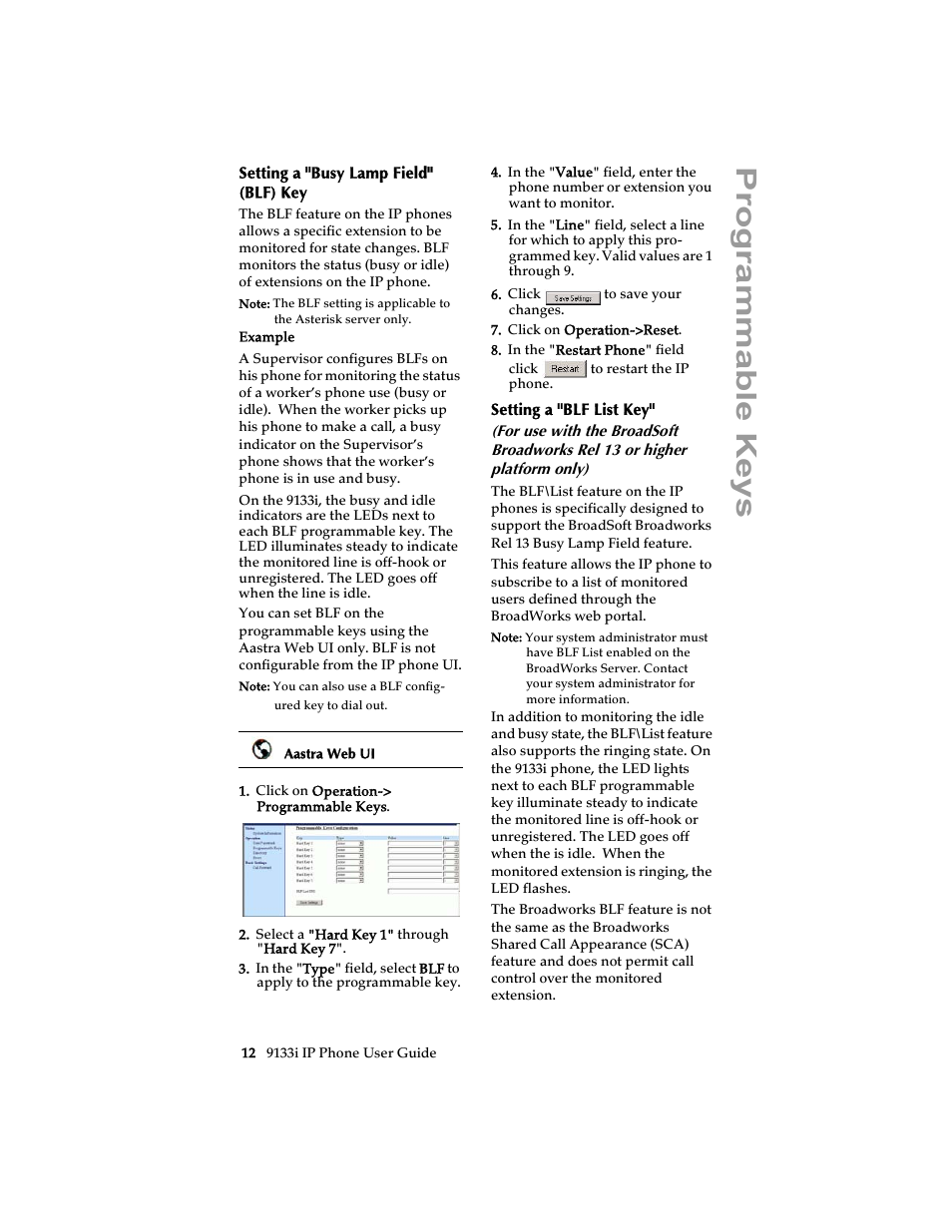 Setting a "busy lamp field" (blf) key, Setting a "blf list key, Setting a "busy lamp field" (blf) | Progra mmabl e keys | Aastra Telecom 9133i (USER GUIDE) User Manual | Page 18 / 53