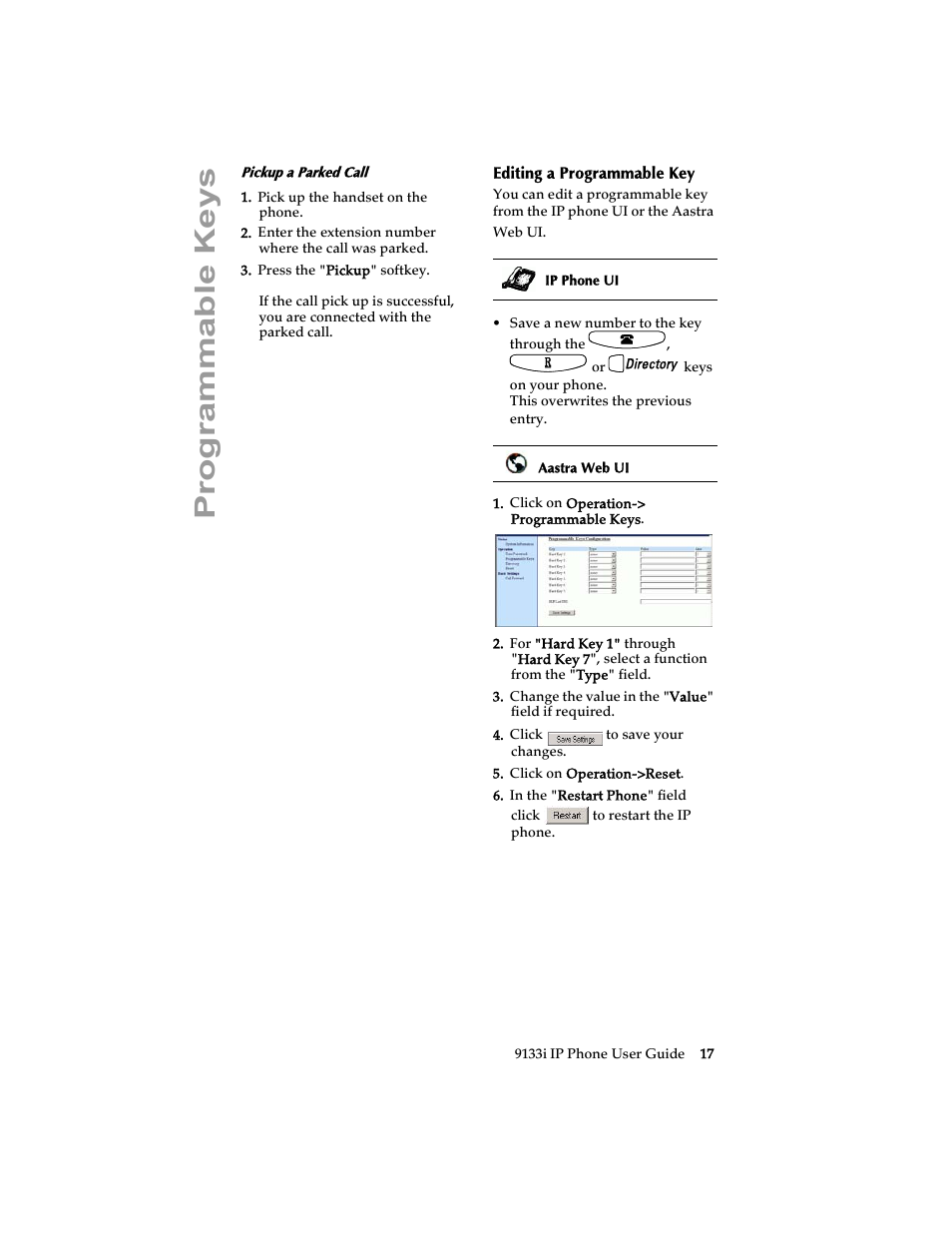 Editing a programmable key, Programmable keys | Aastra Telecom 9133i (USER GUIDE) User Manual | Page 23 / 53