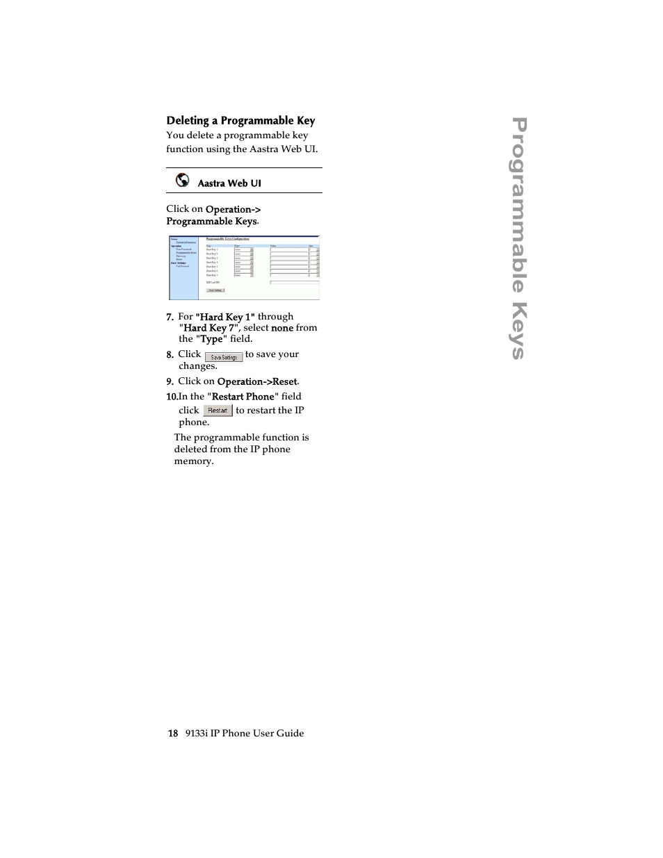 Deleting a programmable key, Progra mmabl e keys | Aastra Telecom 9133i (USER GUIDE) User Manual | Page 24 / 53