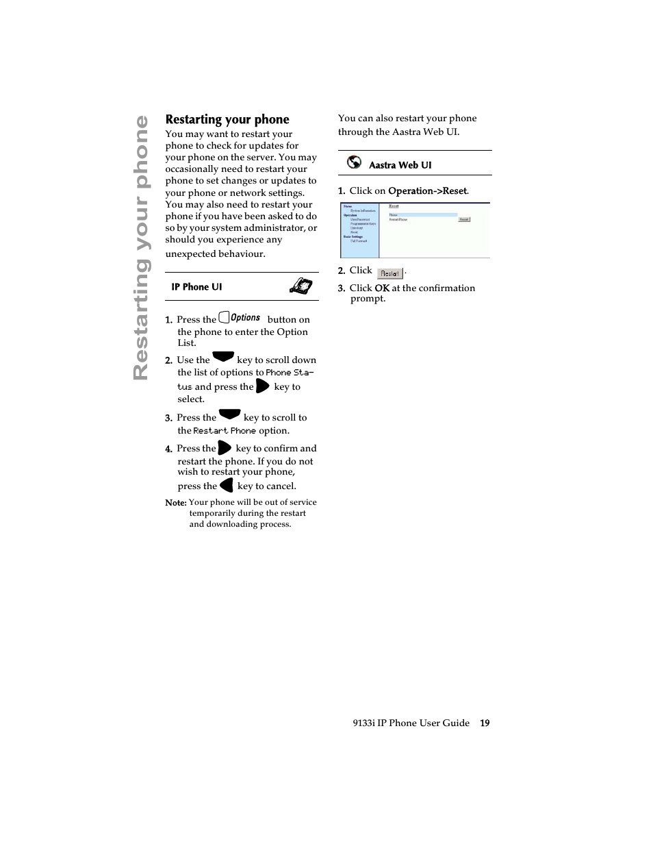 Restarting your phone, Restarting your, Phone | Aastra Telecom 9133i (USER GUIDE) User Manual | Page 25 / 53