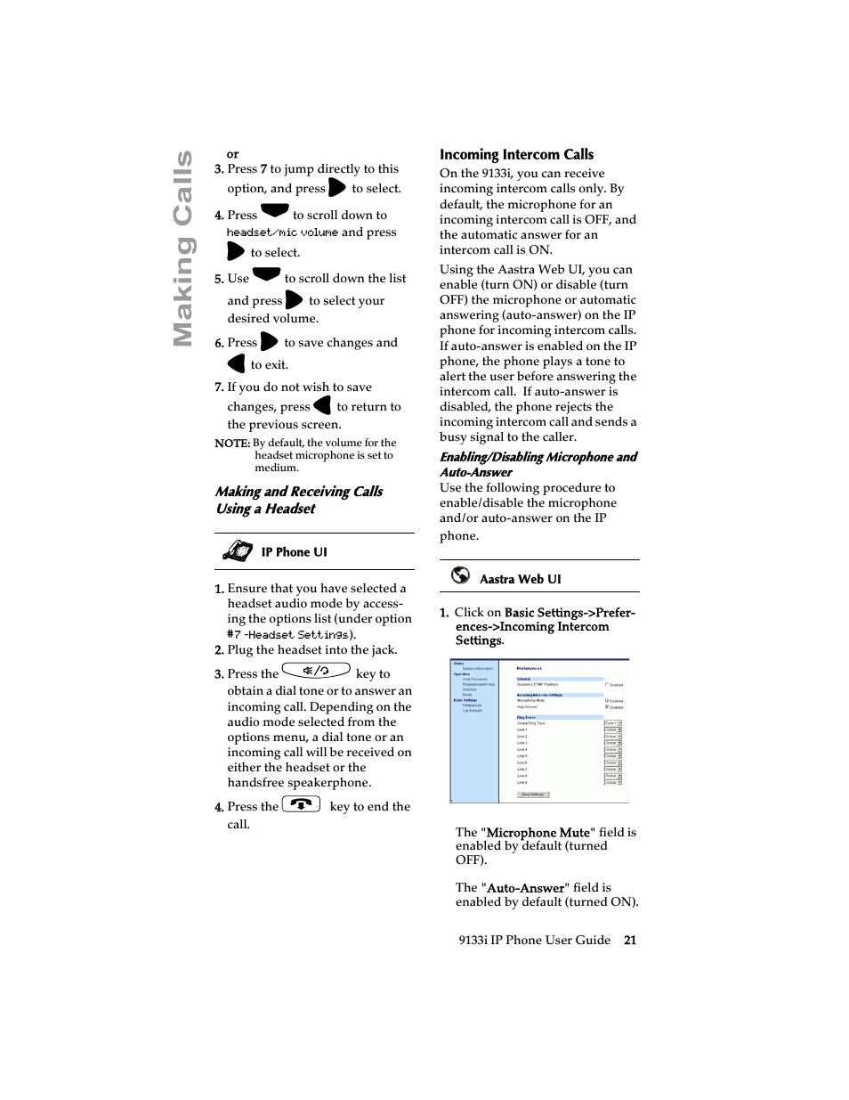 Making and receiving calls using a headset, Incoming intercom calls, Making cal ls | Aastra Telecom 9133i (USER GUIDE) User Manual | Page 27 / 53